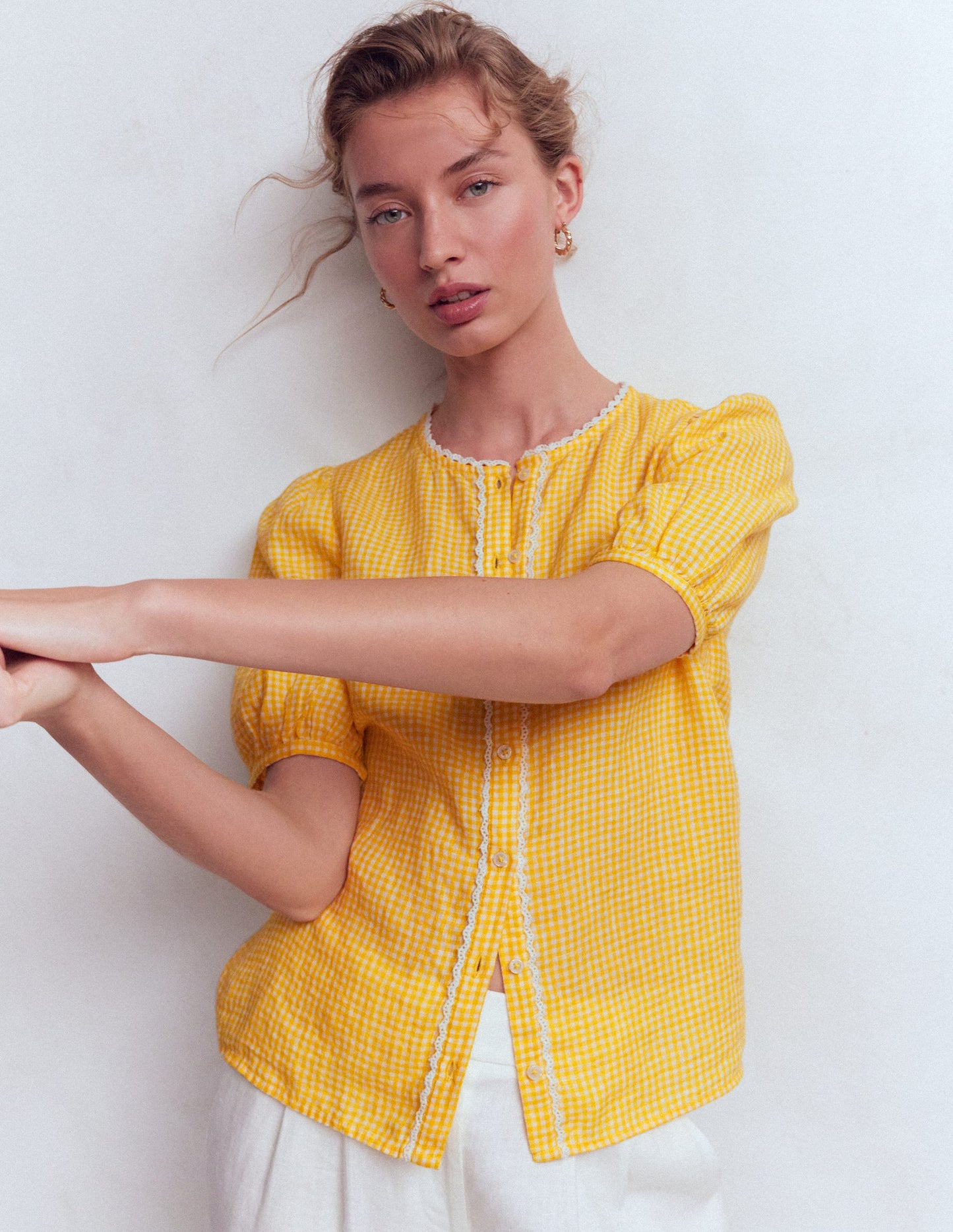 Leah Short Sleeve Linen Top-Yellow Gingham