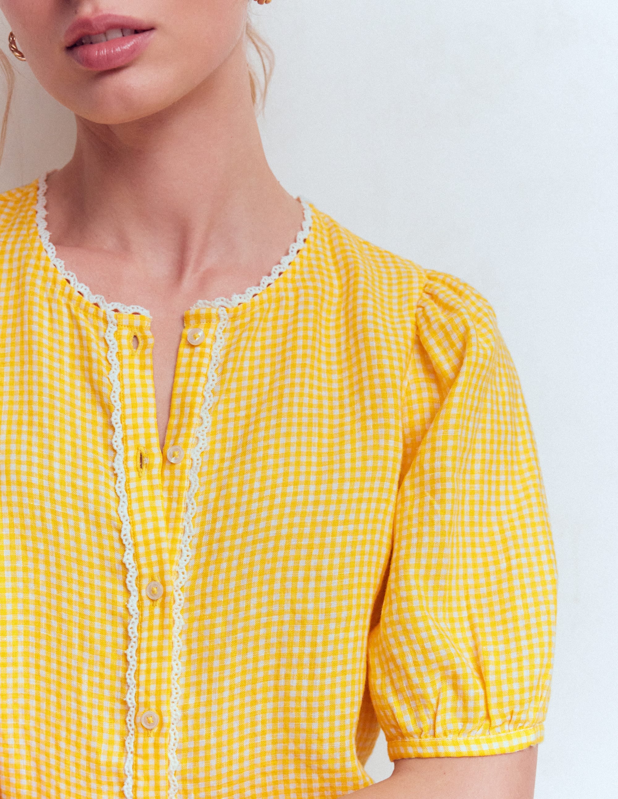 Leah Short Sleeve Linen Top-Sunshine Yellow Gingham - Image 5