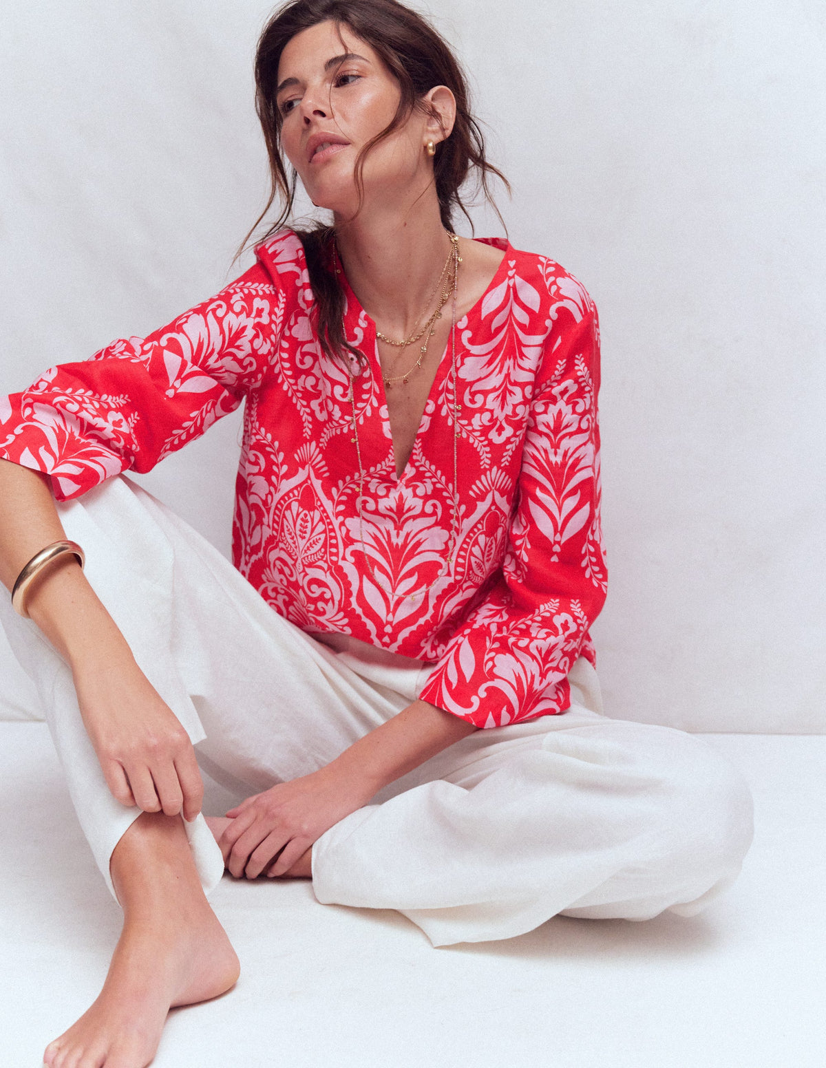 Cleo Linen Top-Red, Ornamental Garden Mono - Image 1