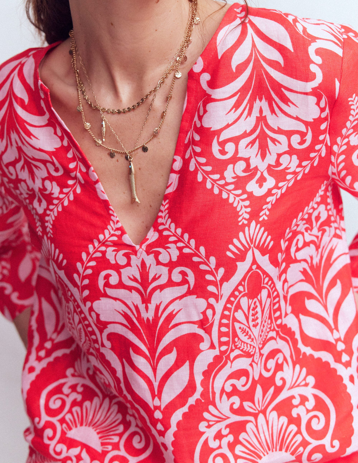 Cleo Linen Top-Red, Ornamental Garden Mono - Image 2