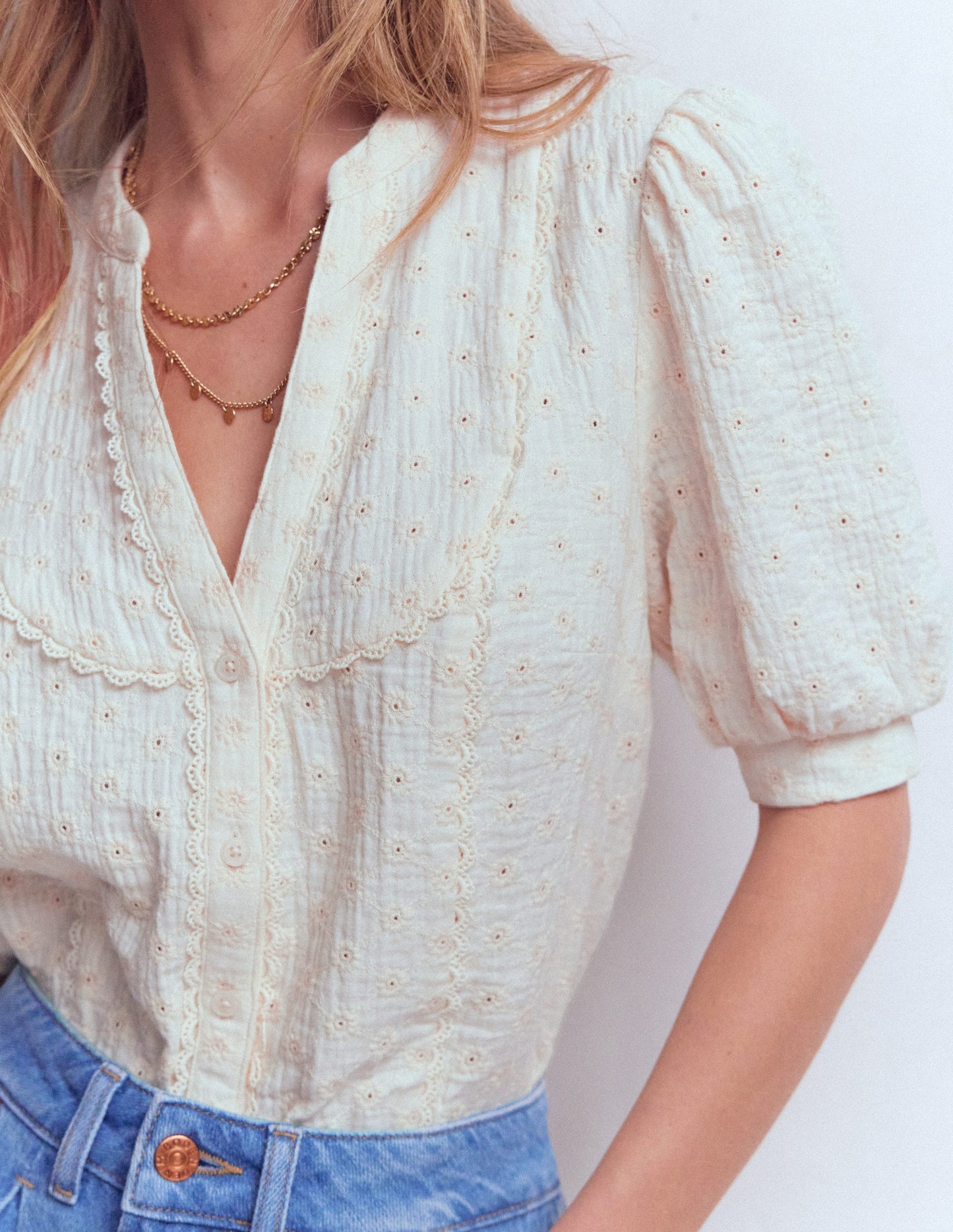 Trim Insert Double Cloth Top-Ivory Broderie