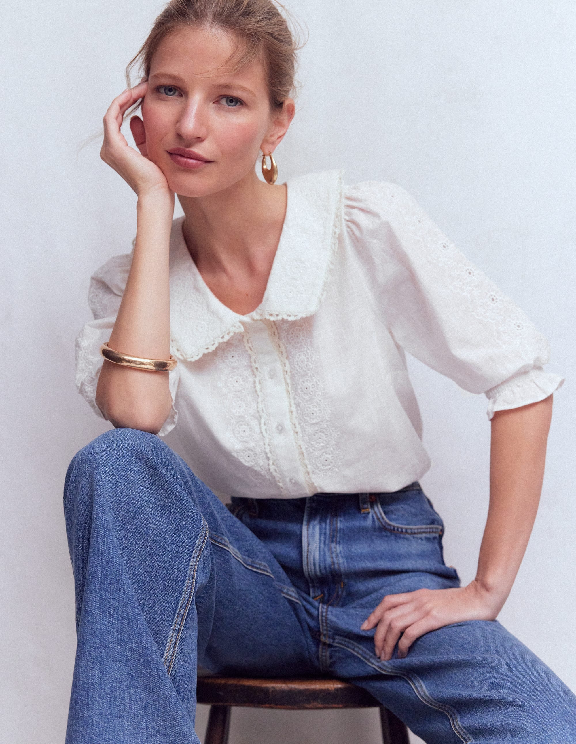 Short Sleeve Pretty Collar Top-White - Image 1