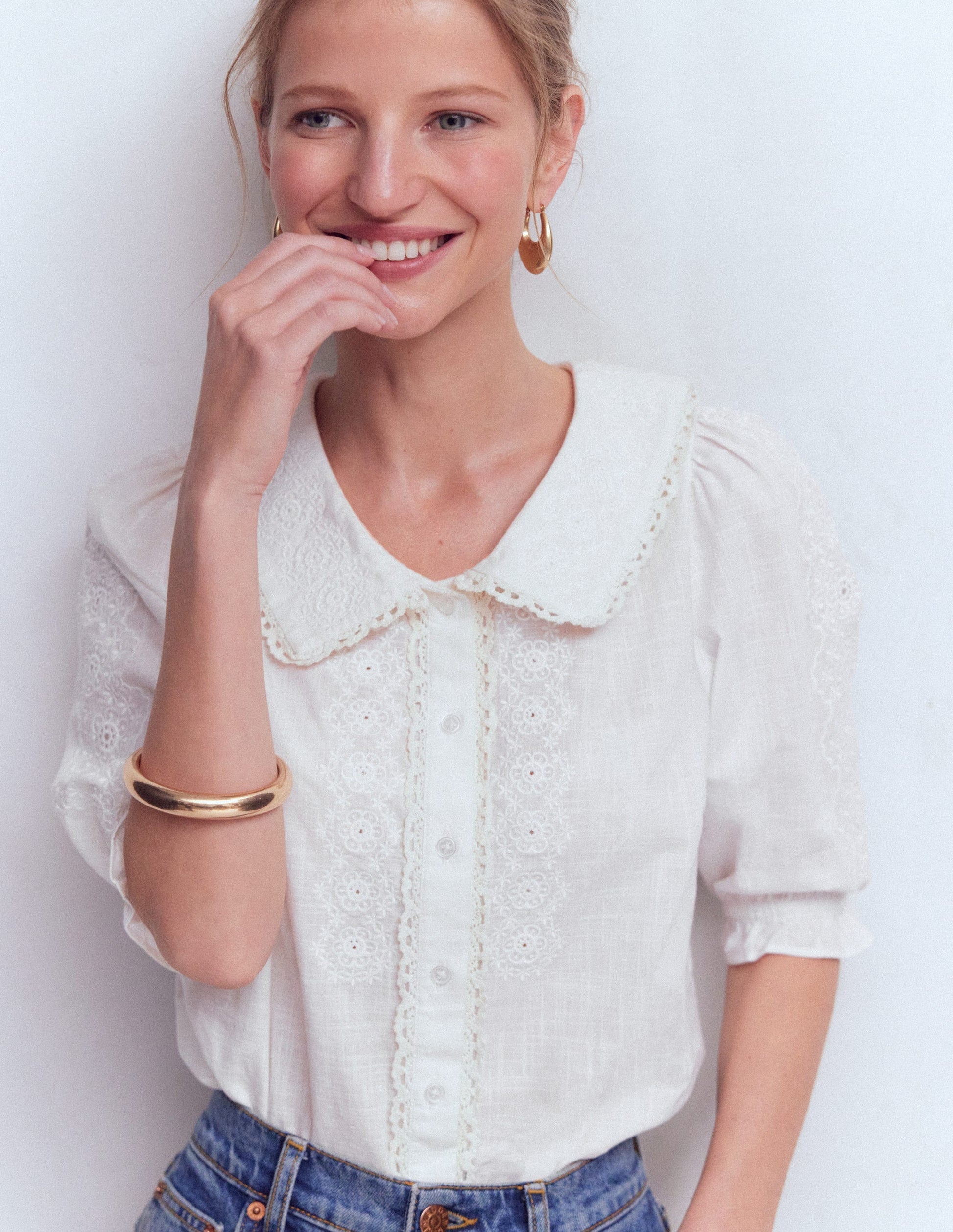 Short Sleeve Pretty Collar Top-White-4
