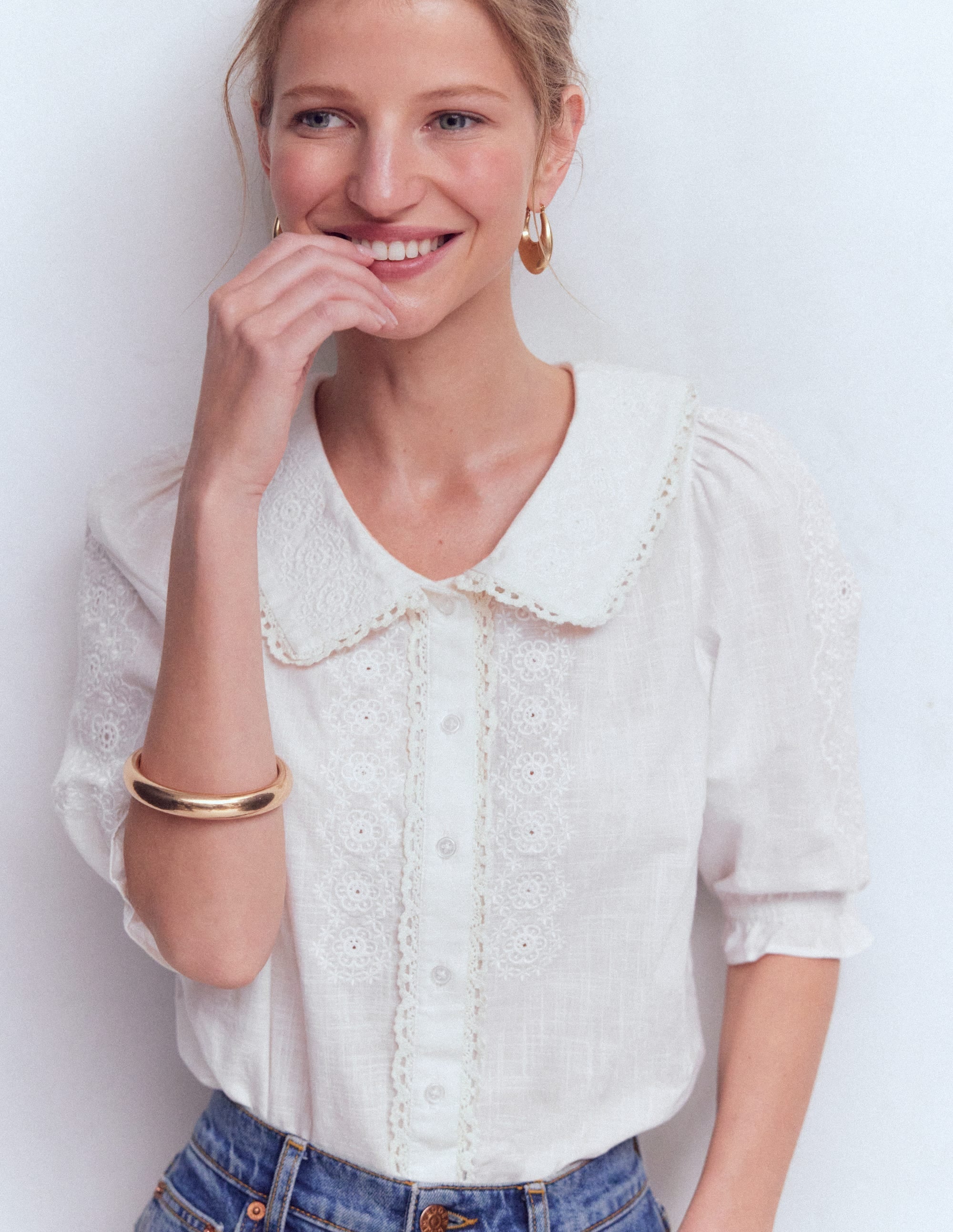 Short Sleeve Pretty Collar Top-White - Image 4