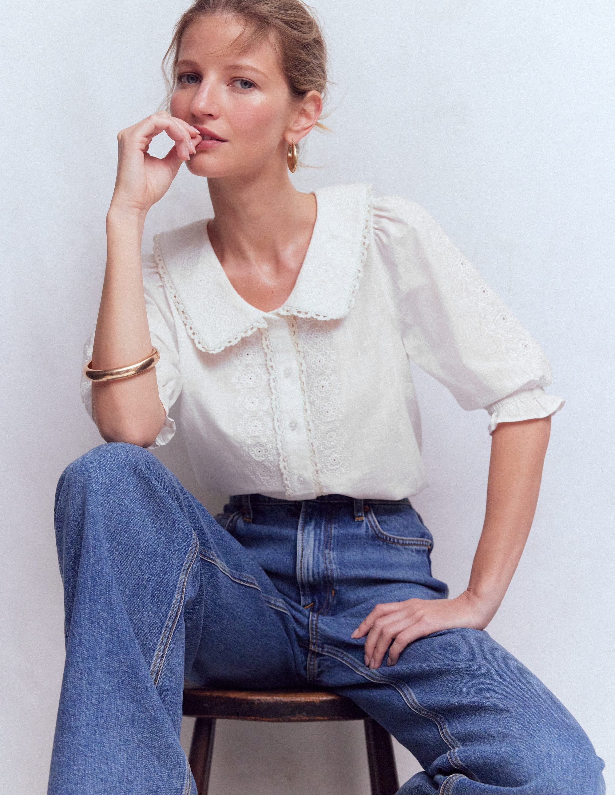 Short Sleeve Pretty Collar Top-White - Image 5