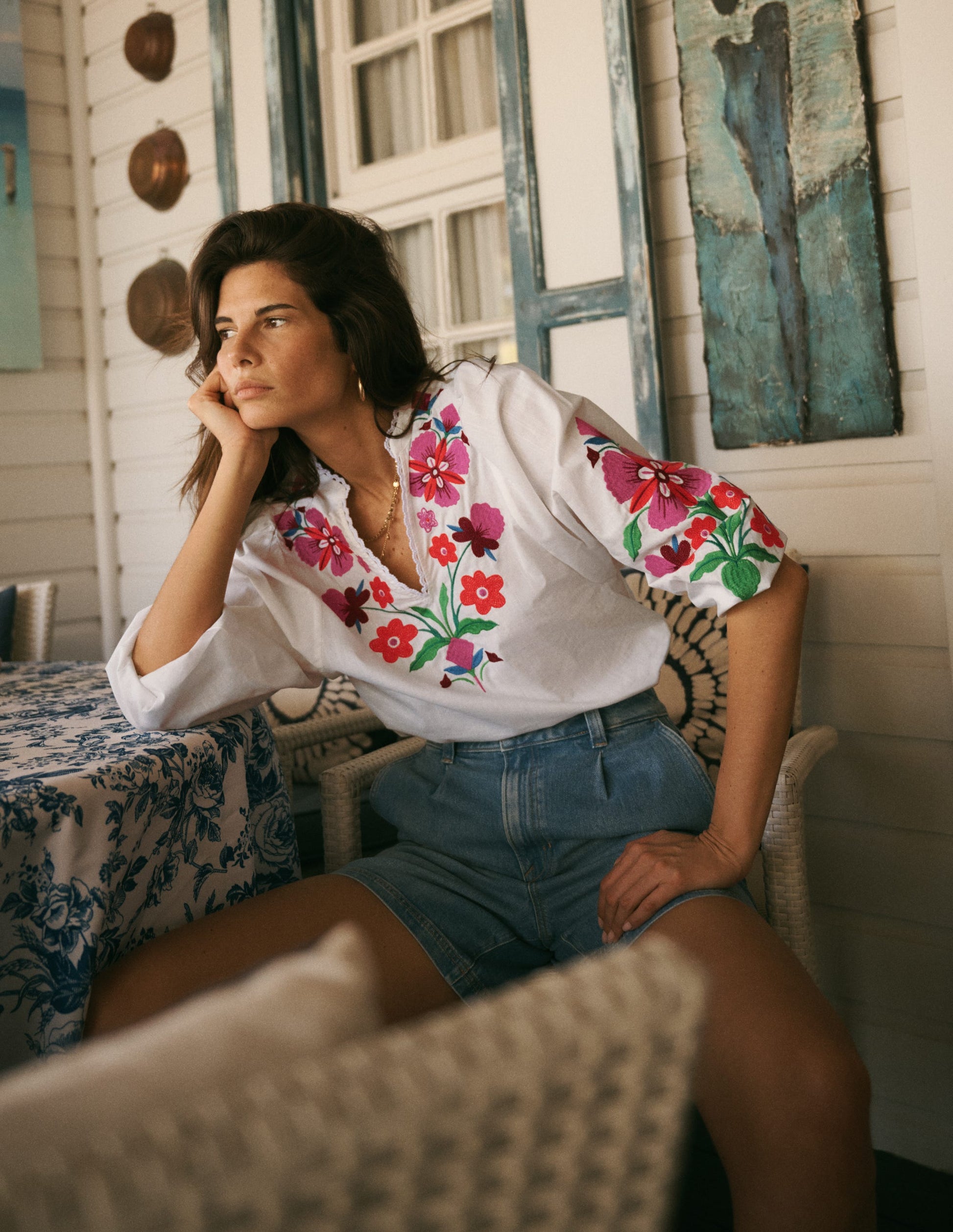 Embroidered Notch Neck Top-Floral Placement Embroidery-1