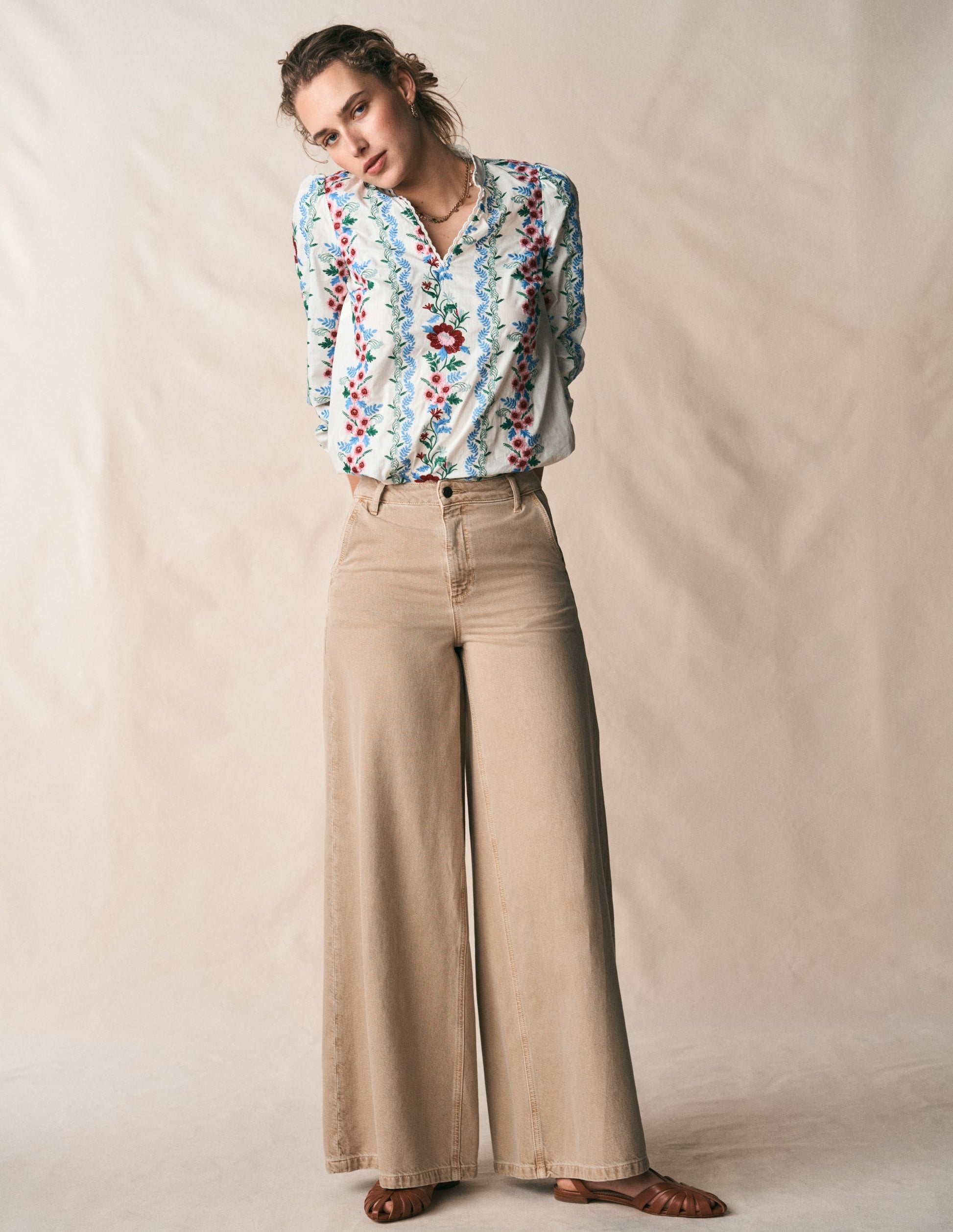 Embroidered Notch Neck Top-Floral Embroidery-7