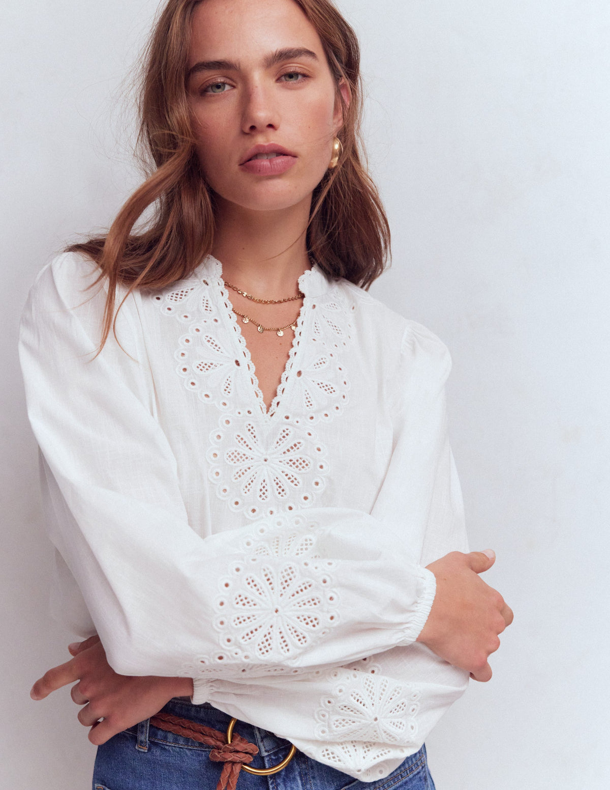 Embroidered Notch Neck Top-White - Image 2