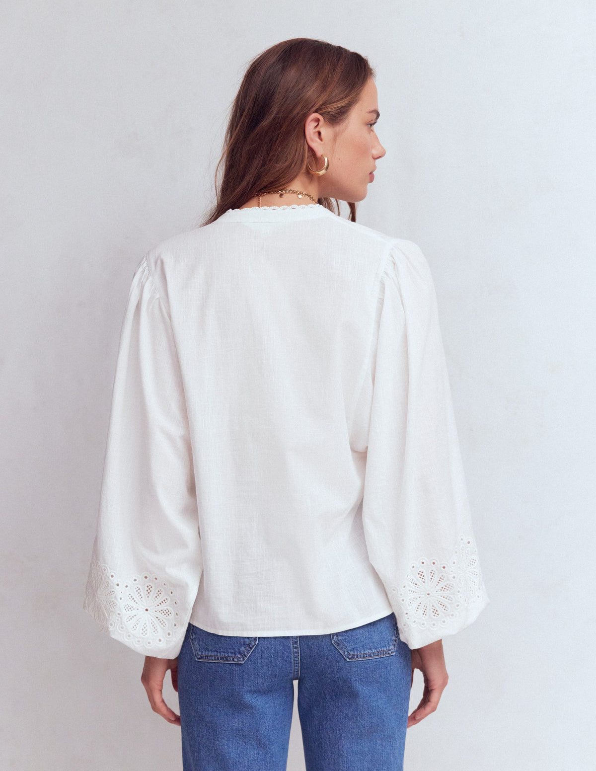Embroidered Notch Neck Top-White - Image 3
