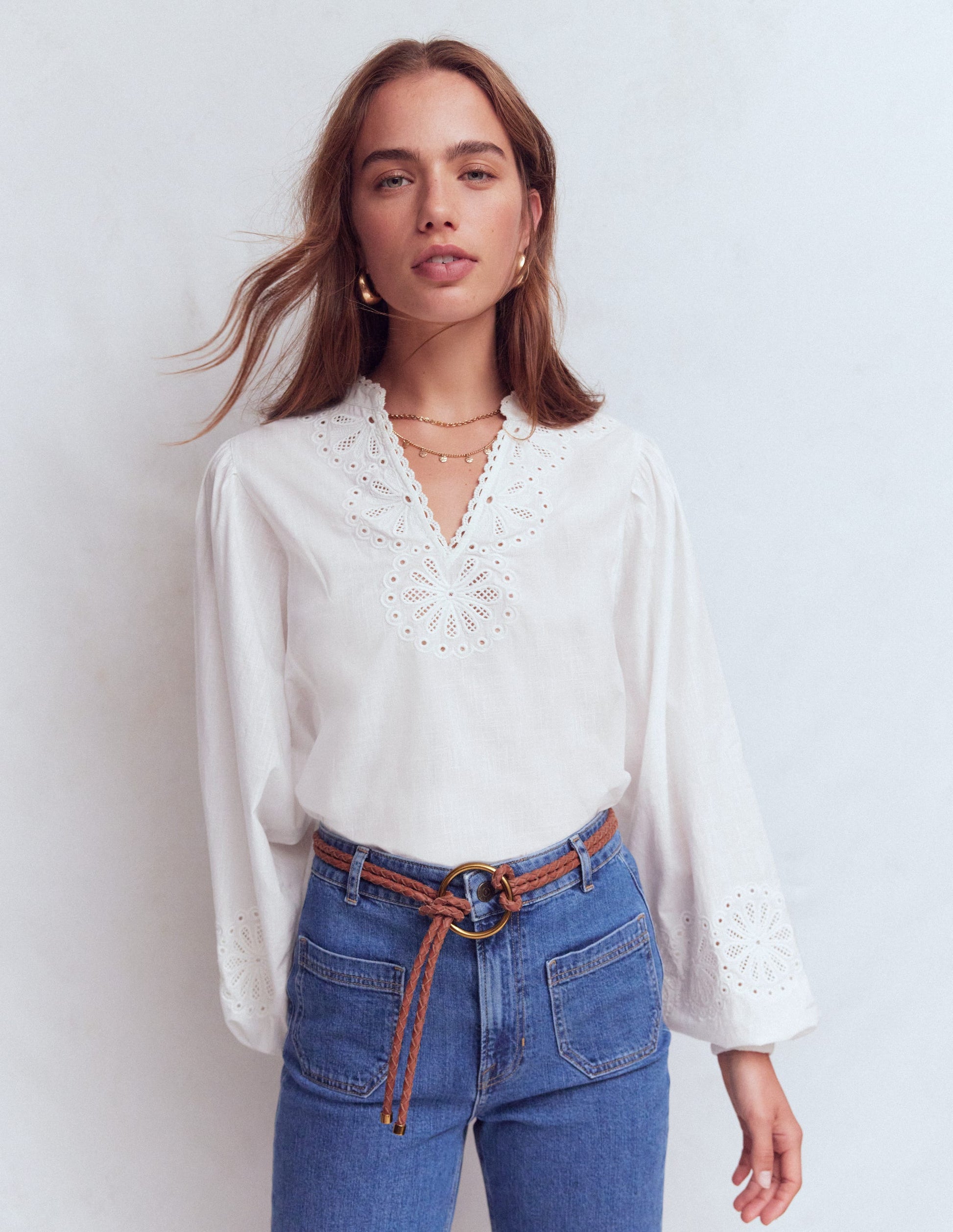 Embroidered Notch Neck Top-White-4