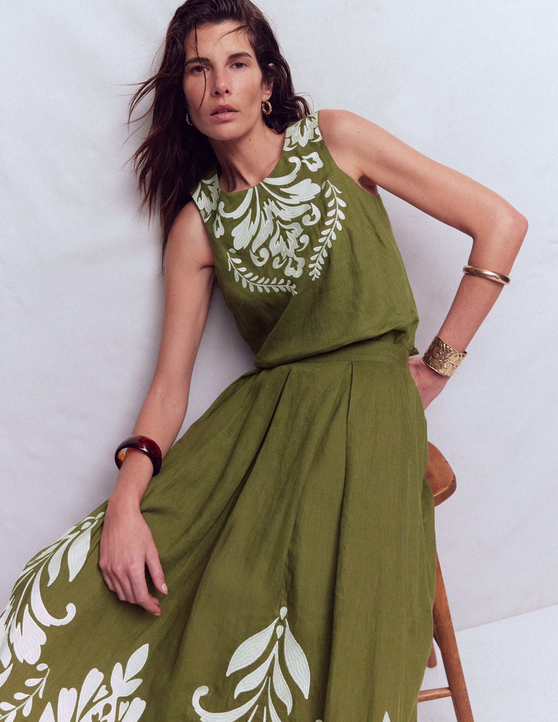 Sofia Embroidered Linen Top-Woodland Green-1