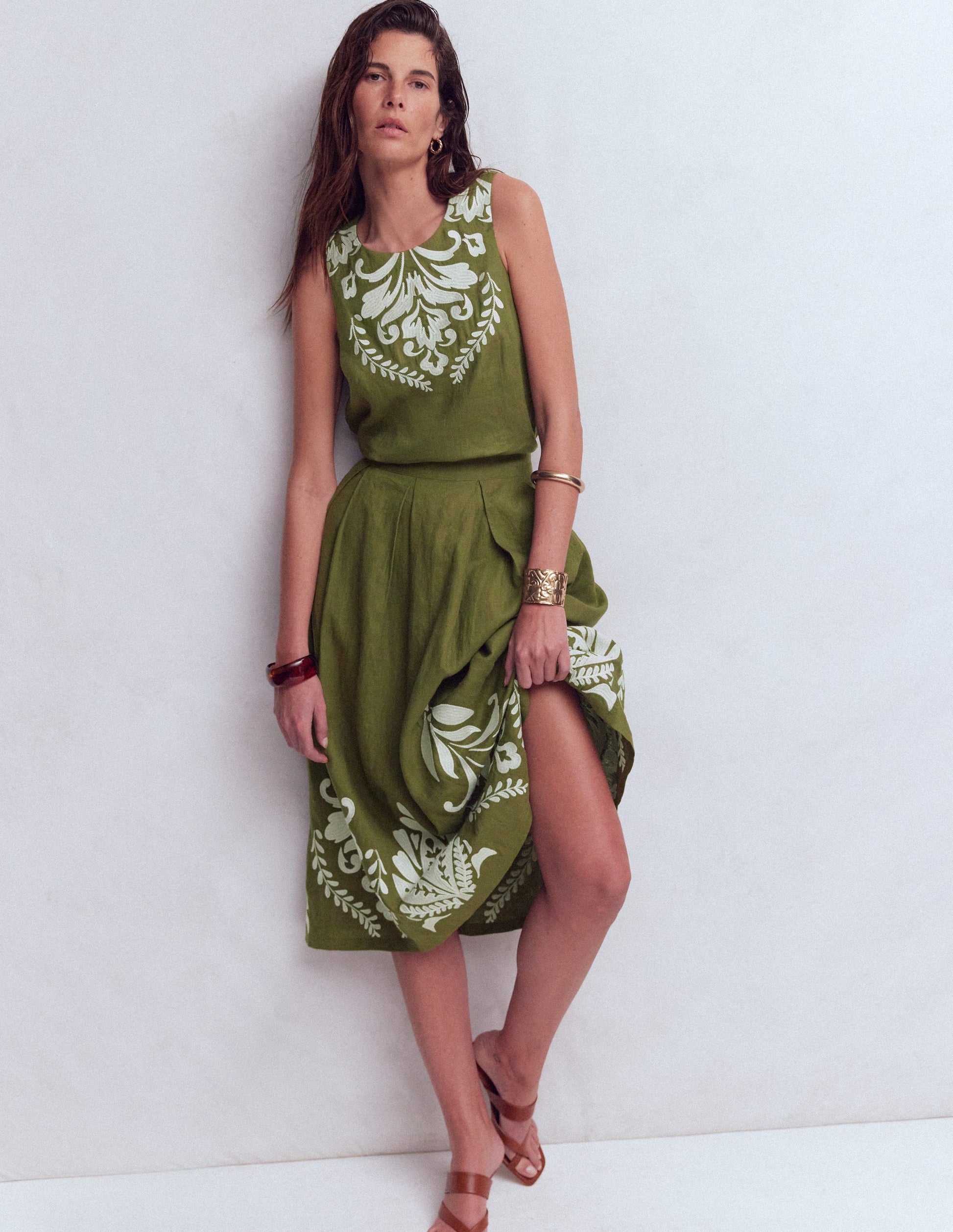 Sofia Embroidered Linen Top-Woodland Green-4