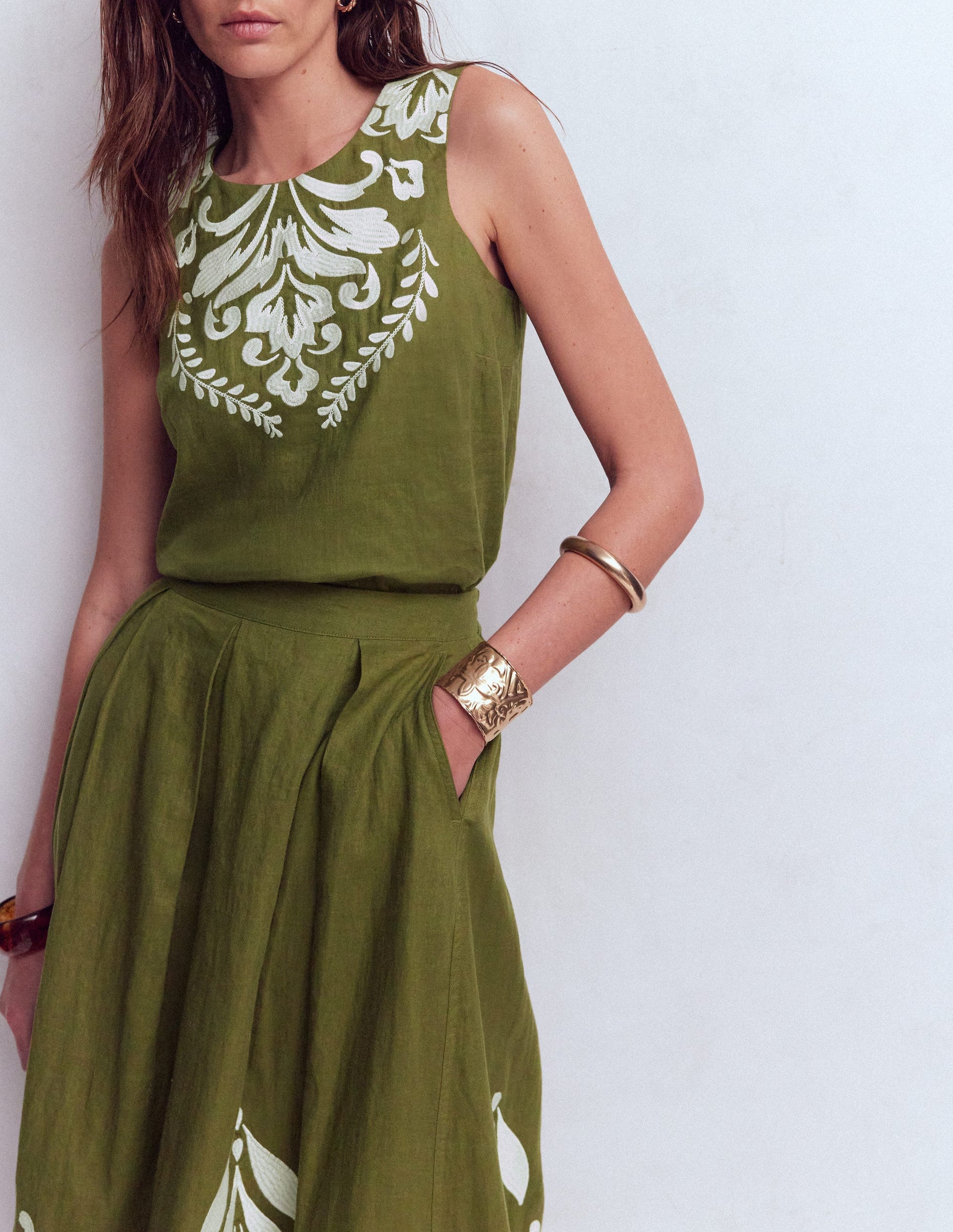 Sofia Embroidered Linen Top-Woodland Green-5