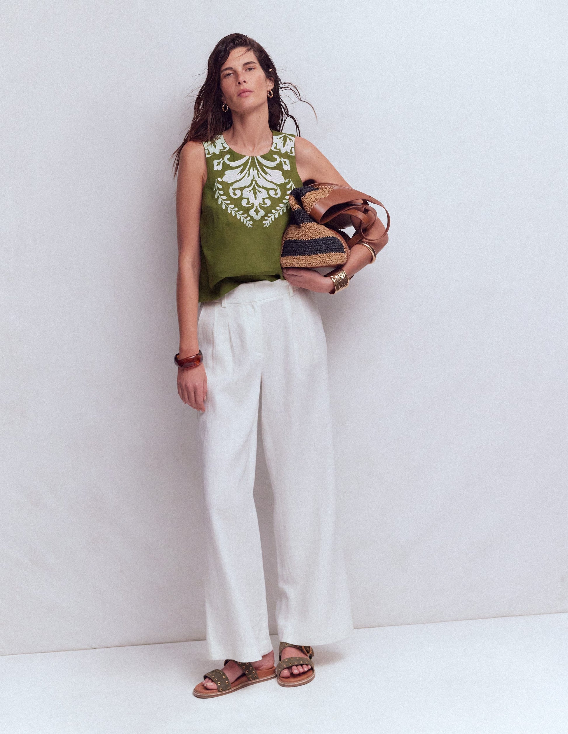 Sofia Embroidered Linen Top-Woodland Green-6