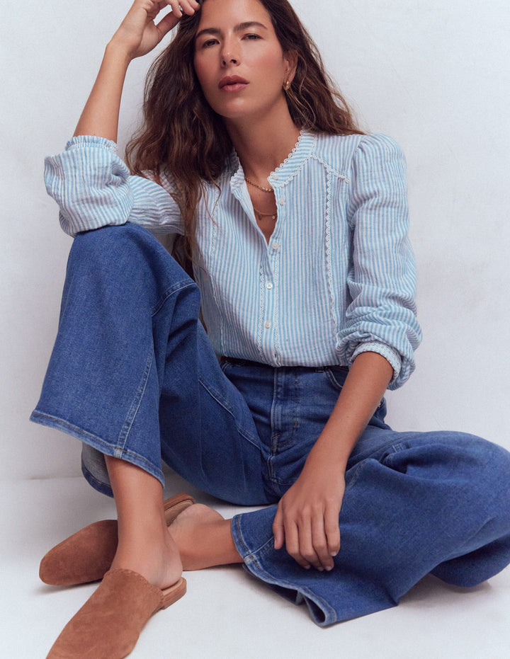 Rhea Trim Doublecloth Top-French Blue and Ivory Stripe