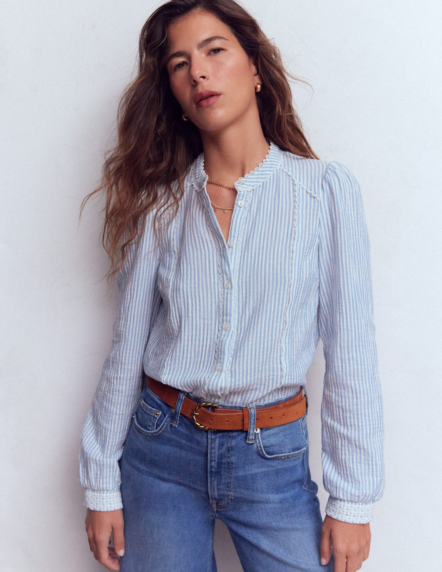Rhea Trim Doublecloth Top-Faded Denim and Ivory Stripe