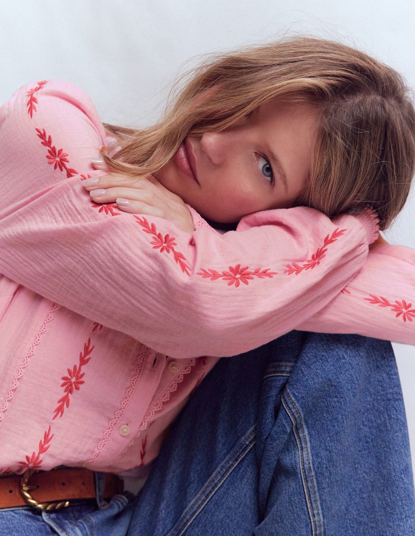 Rhea Trim Doublecloth Top-Orchid Smoke Embroidery