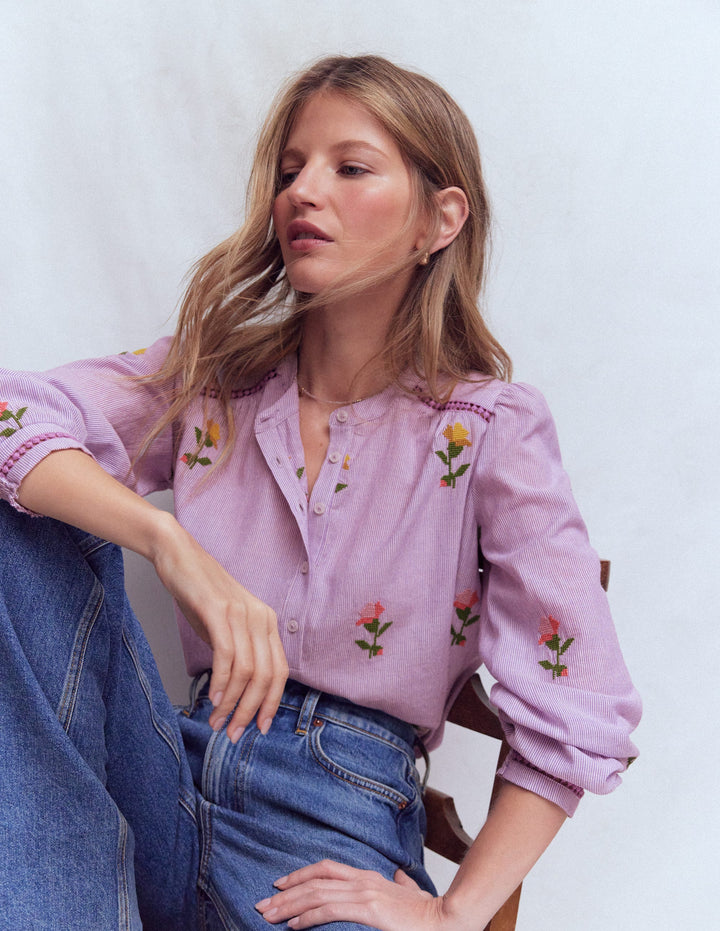 Embroidered Trim Interest Top-Purple Stripe Embroidery