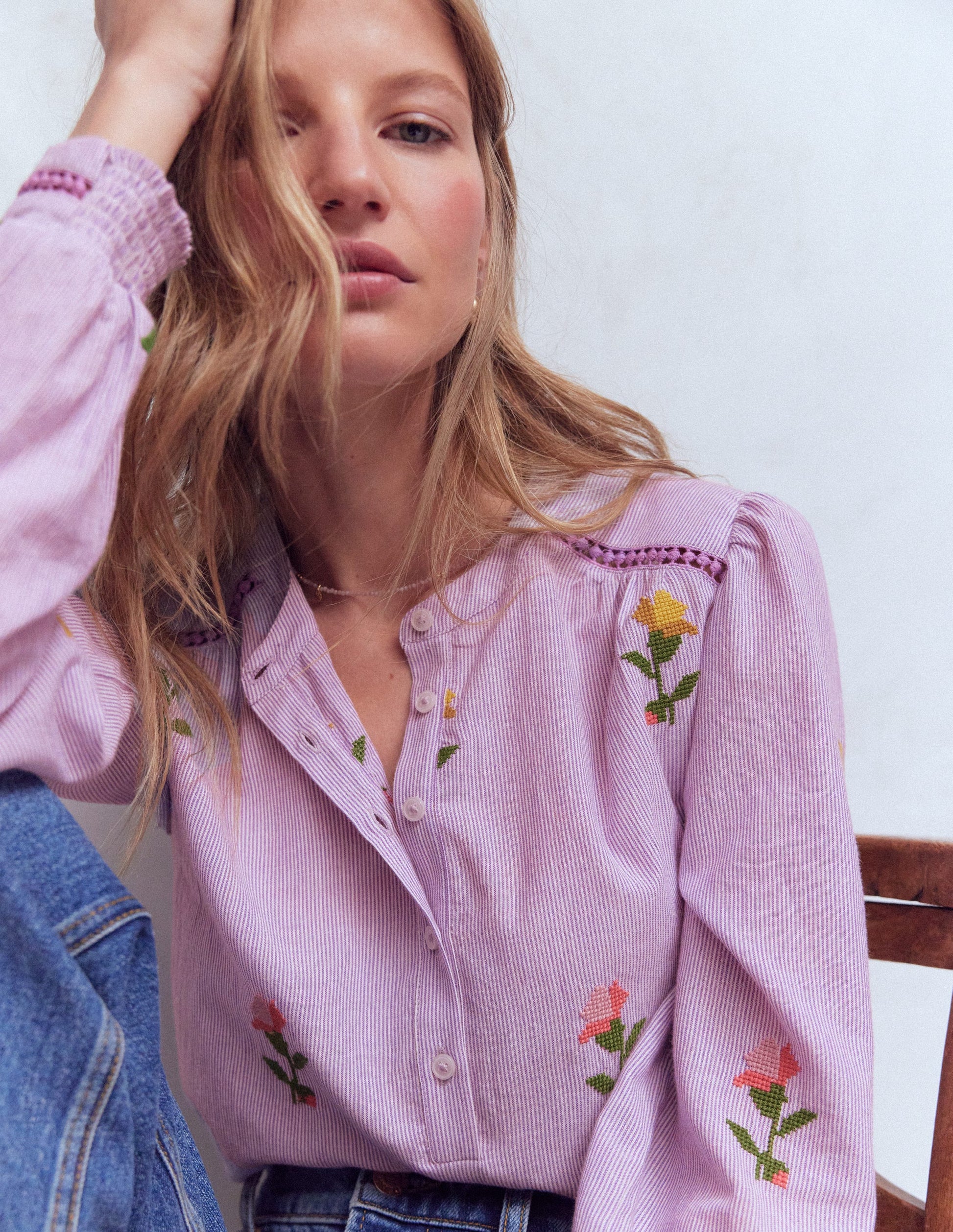 Embroidered Trim Interest Top-Purple Stripe Embroidery-2