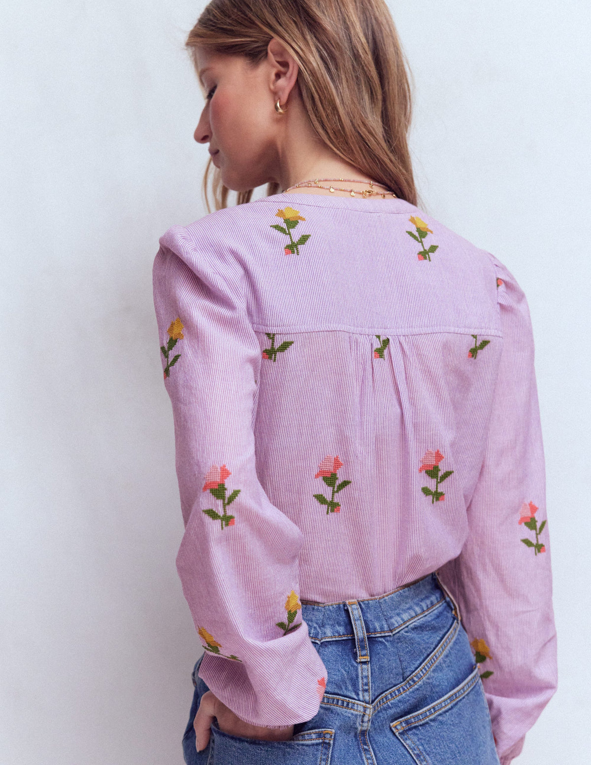 Embroidered Trim Interest Top-Purple Stripe Embroidery - Image 3