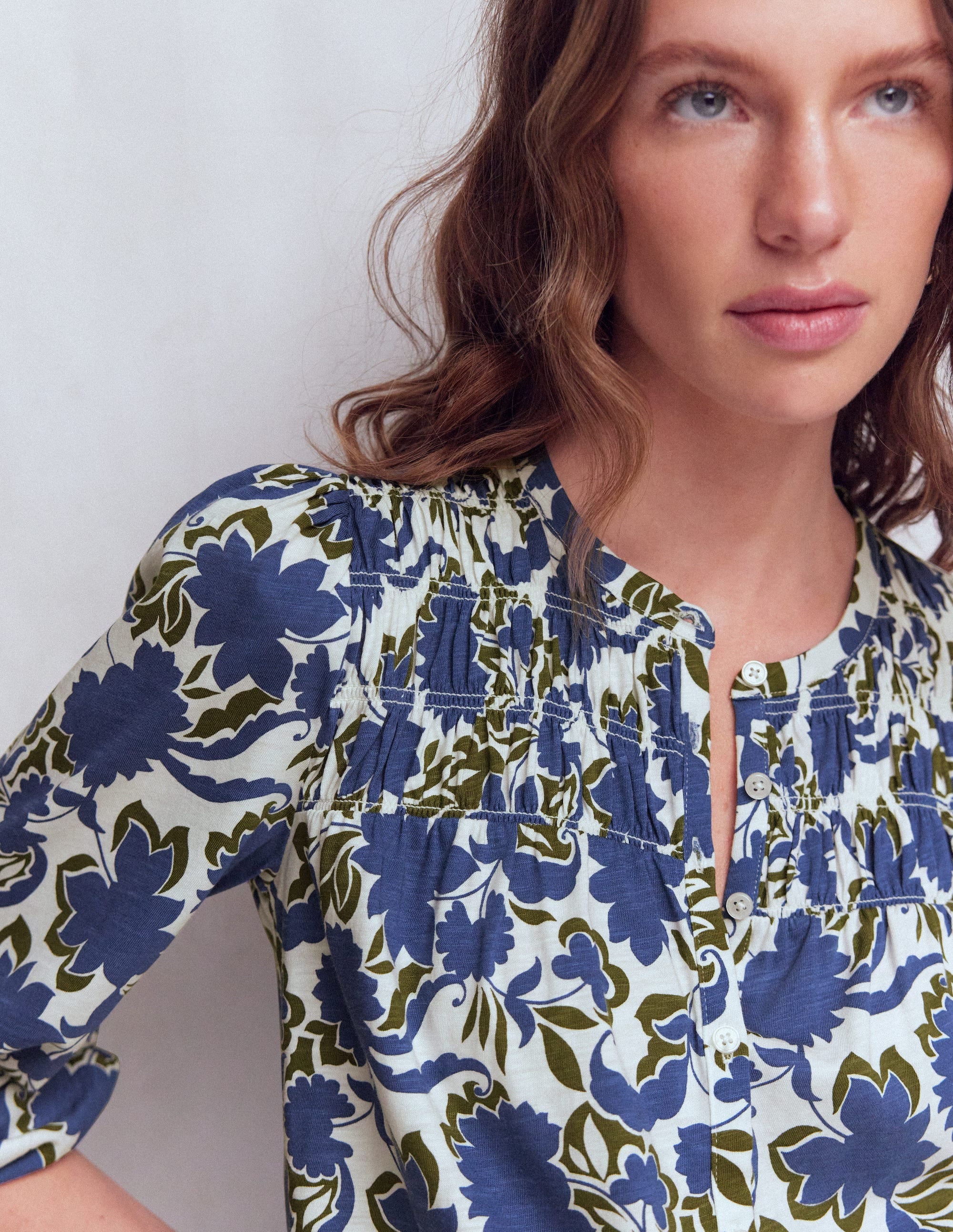 Mya Smocked Jersey Shirt-True Navy, Shadow Blossom - Image 2