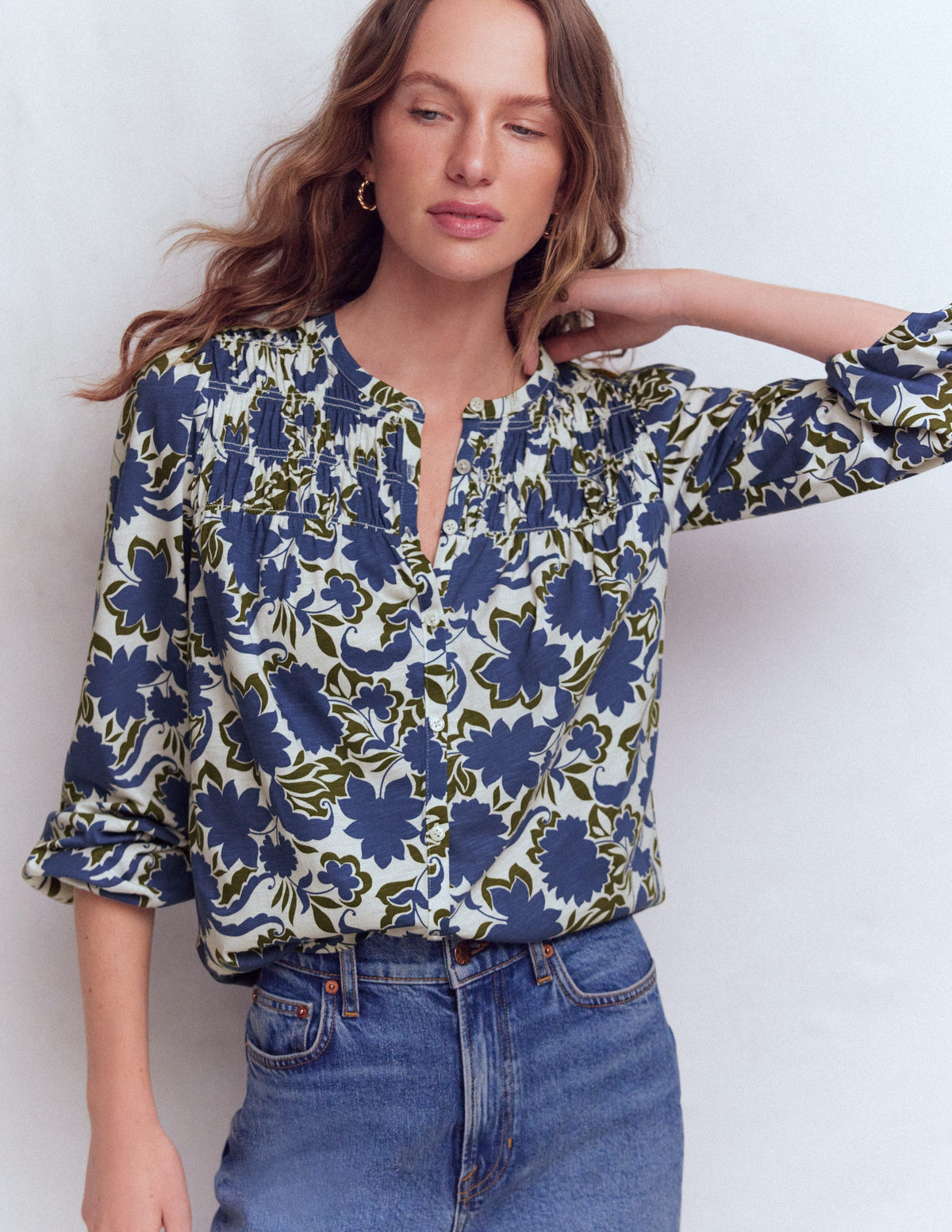 Mya Smocked Jersey Shirt-True Navy, Shadow Blossom - Image 4