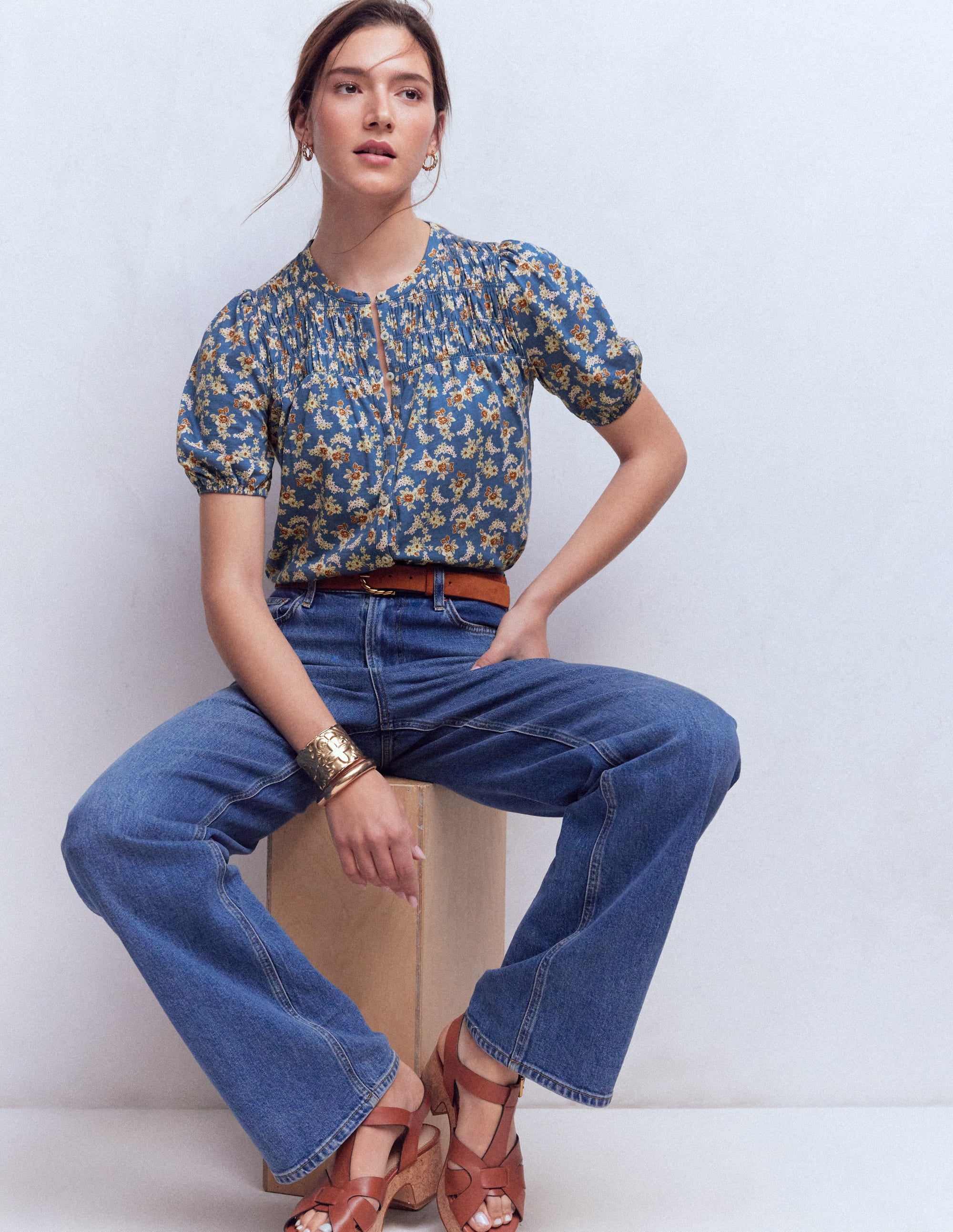 Mya Short Sleeve Smocked Shirt-True Navy, Dainty Blooms - Image 1