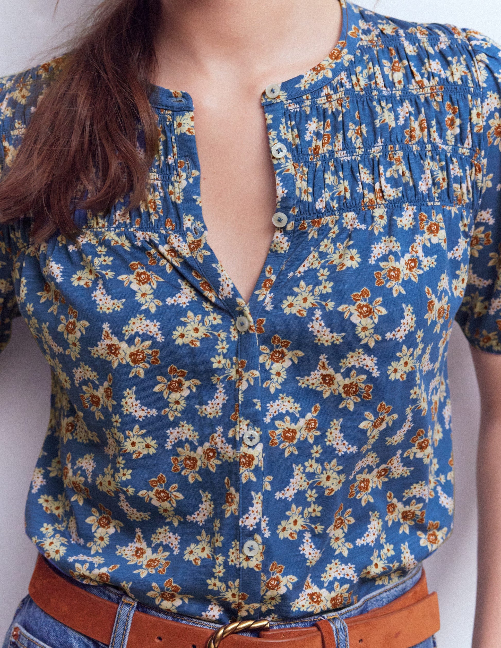 Mya Short Sleeve Smocked Shirt-True Navy, Dainty Blooms-3