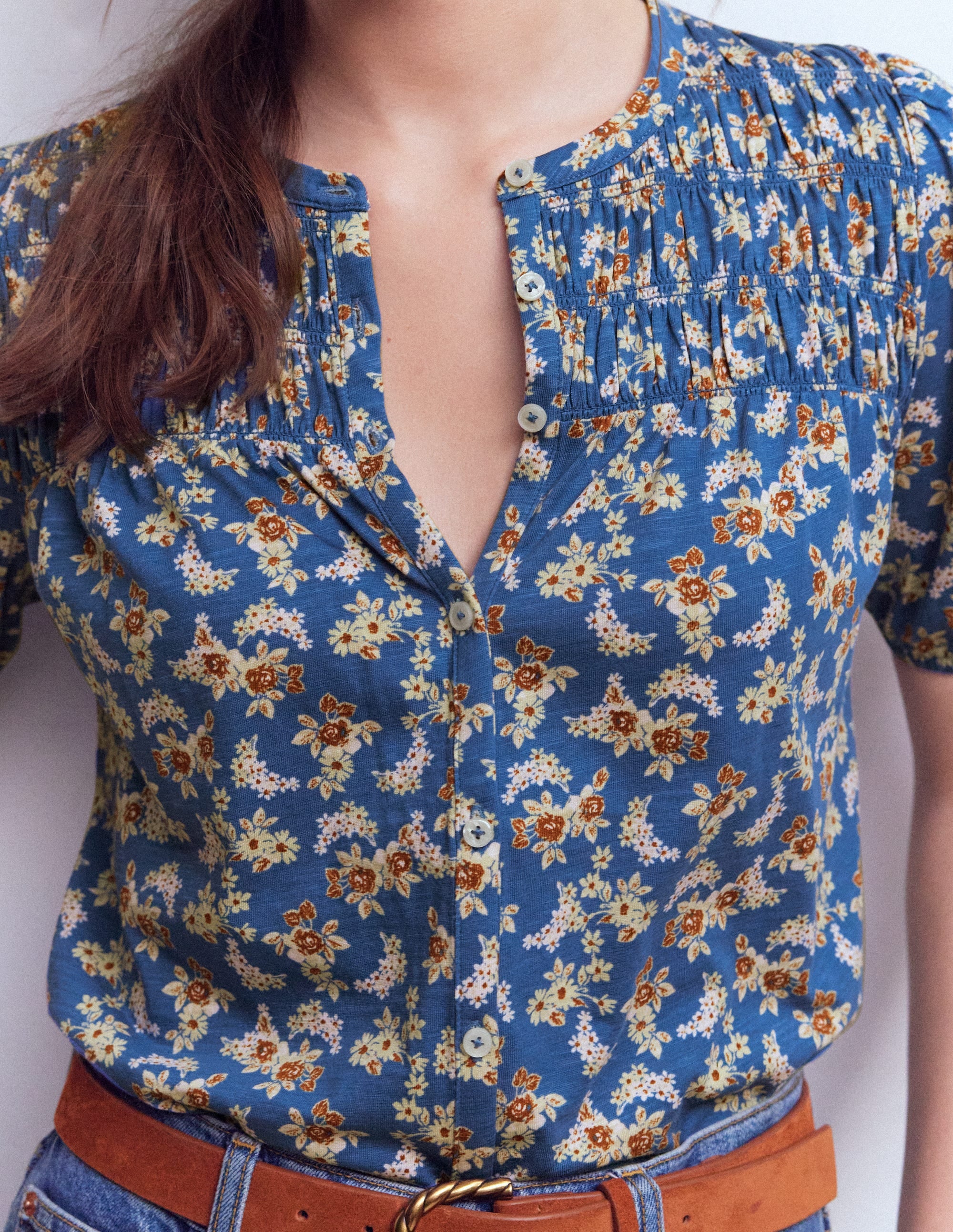 Mya Short Sleeve Smocked Shirt-True Navy, Dainty Blooms - Image 2