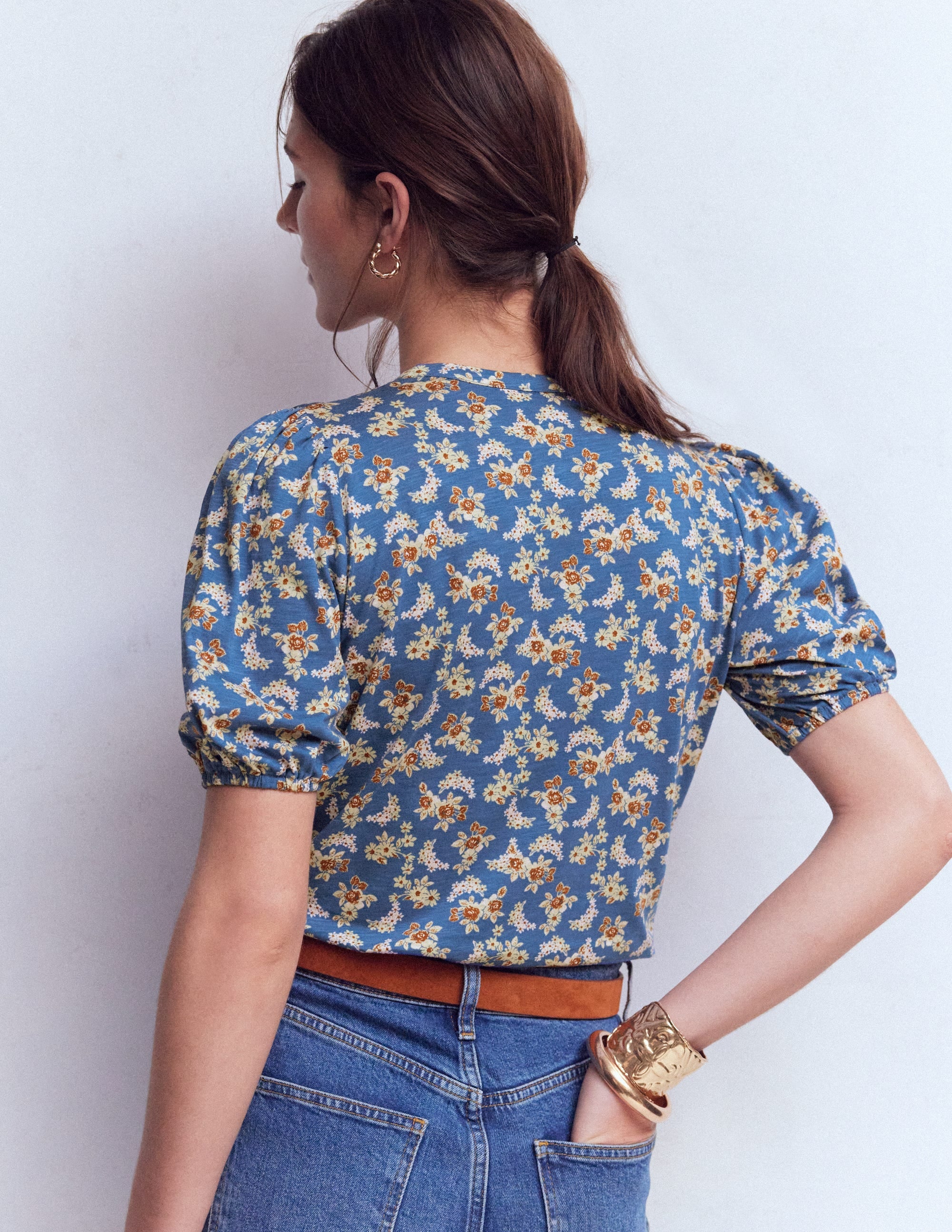 Mya Short Sleeve Smocked Shirt-True Navy, Dainty Blooms - Image 3