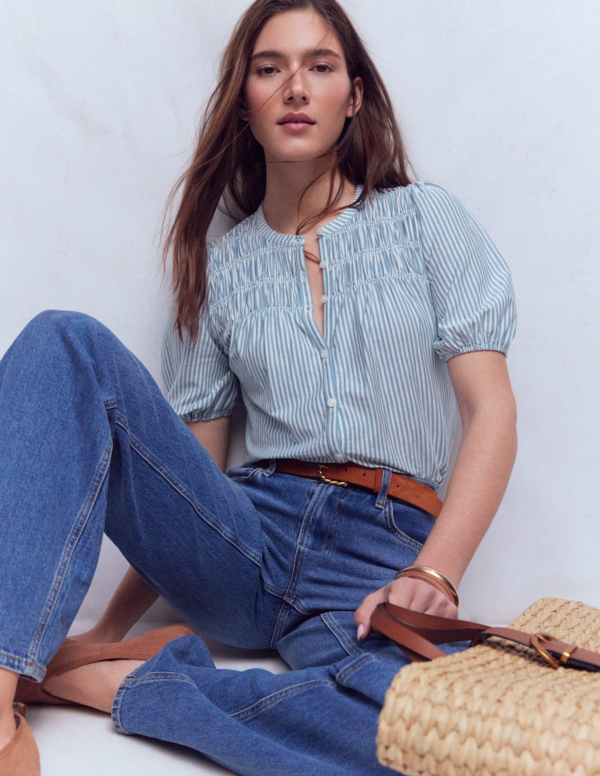 Mya Short Sleeve Smocked Shirt-French Blue and Ivory Stripe-1