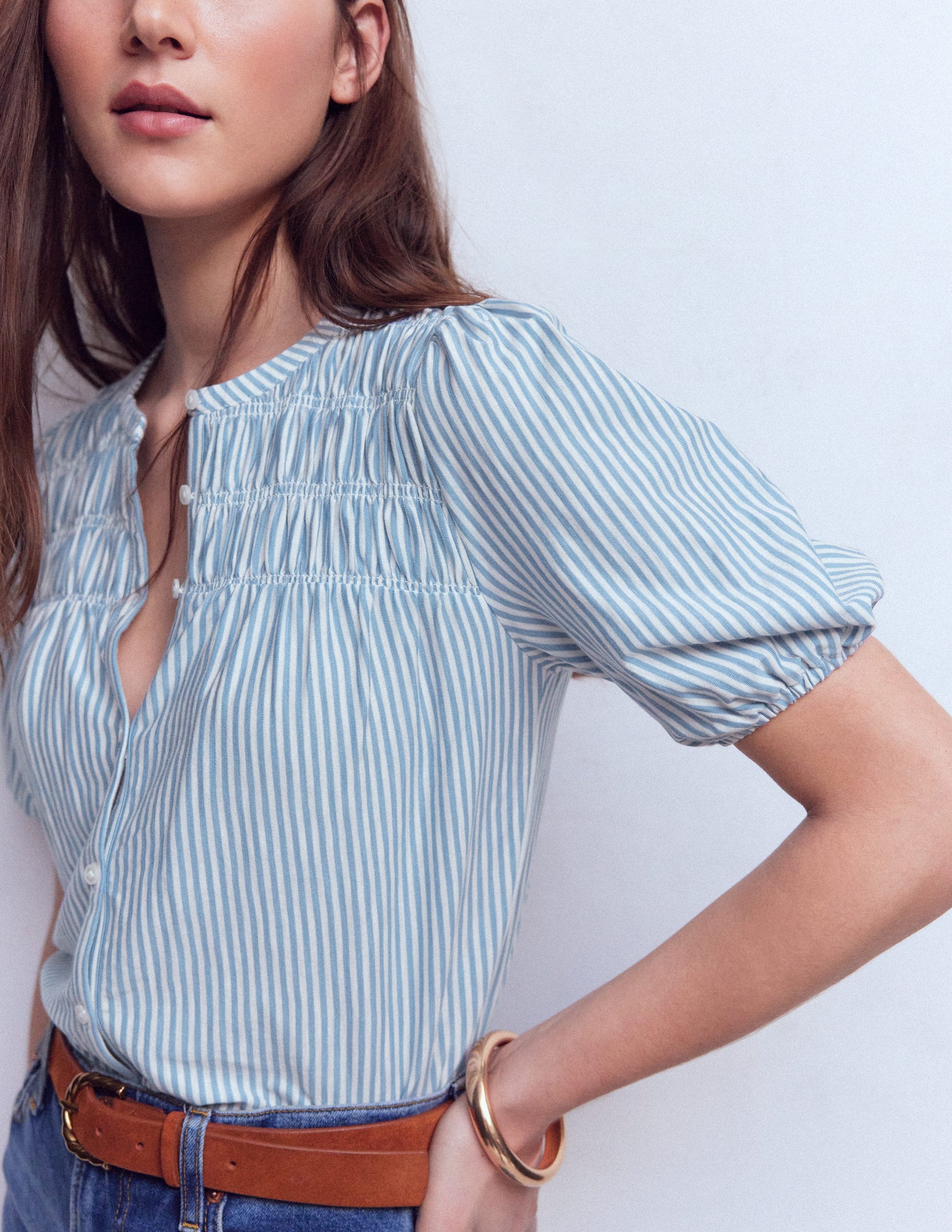 Mya Short Sleeve Smocked Shirt-French Blue and Ivory Stripe-2