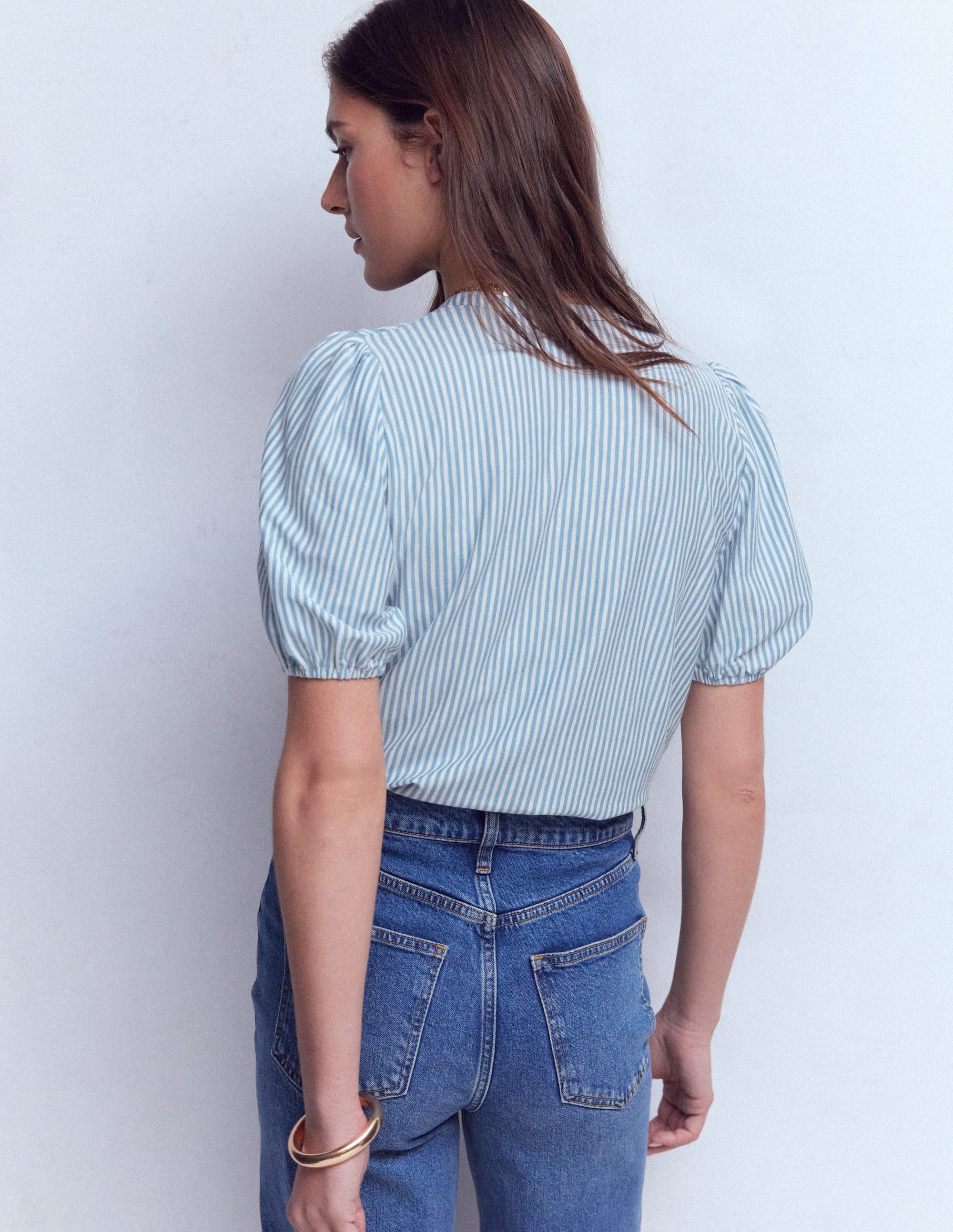 Mya Short Sleeve Smocked Shirt-French Blue and Ivory Stripe - Image 3