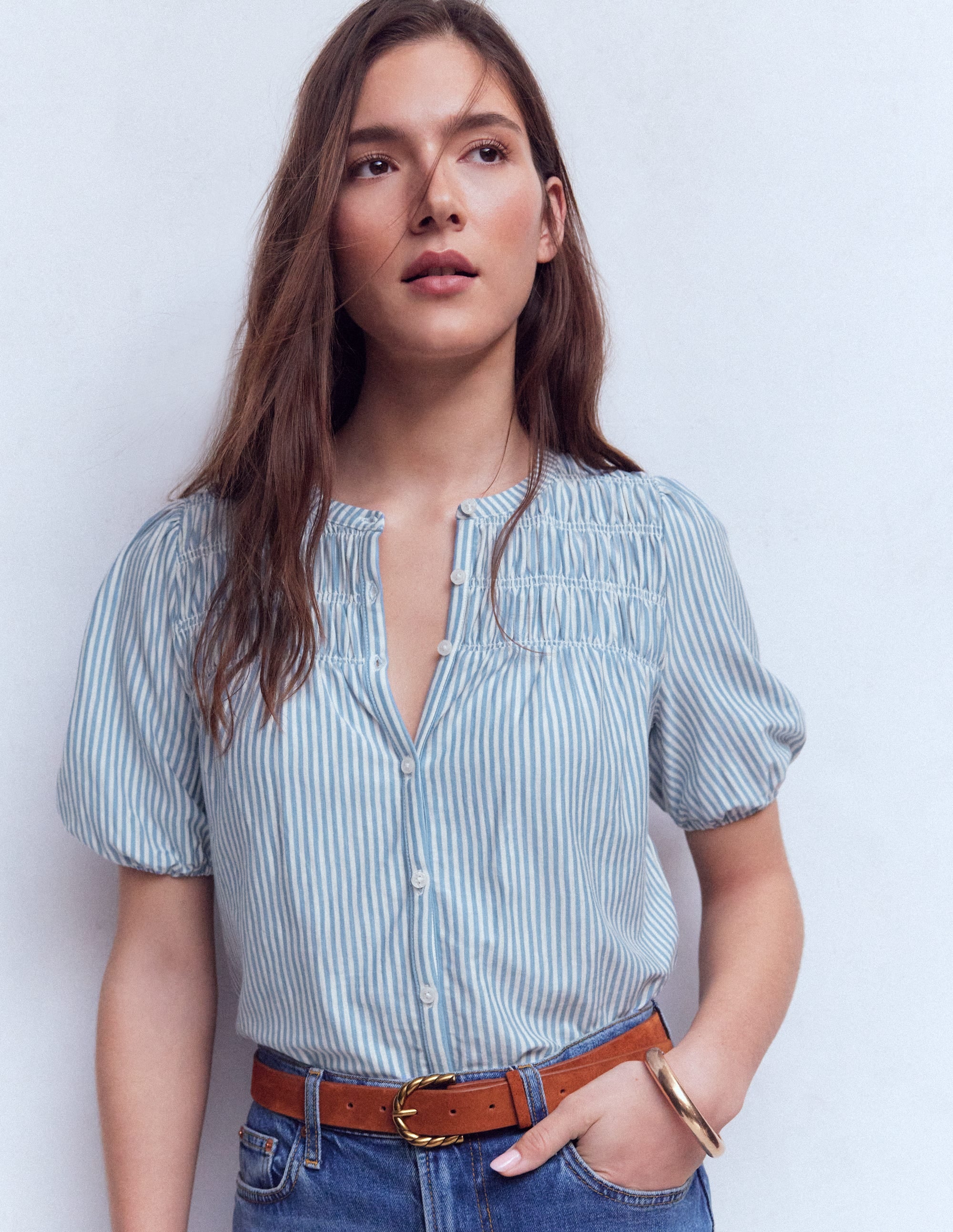 Mya Short Sleeve Smocked Shirt-French Blue and Ivory Stripe - Image 4