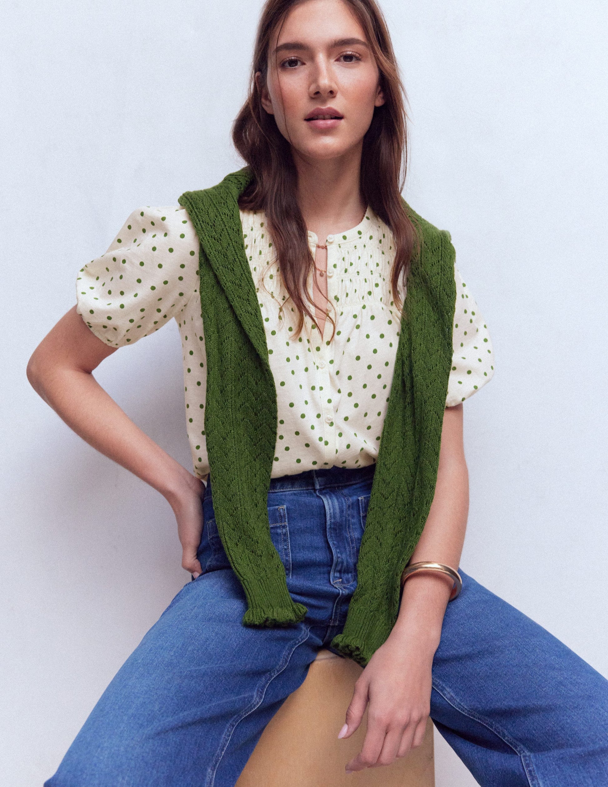 Mya Short Sleeve Smocked Shirt-Papyrus, Painted Dot-1