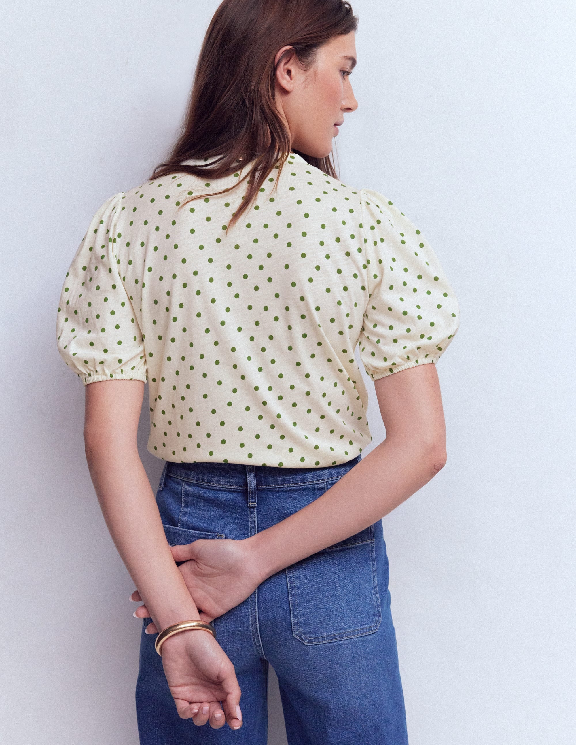 Mya Short Sleeve Smocked Shirt-Papyrus, Painted Dot - Image 3