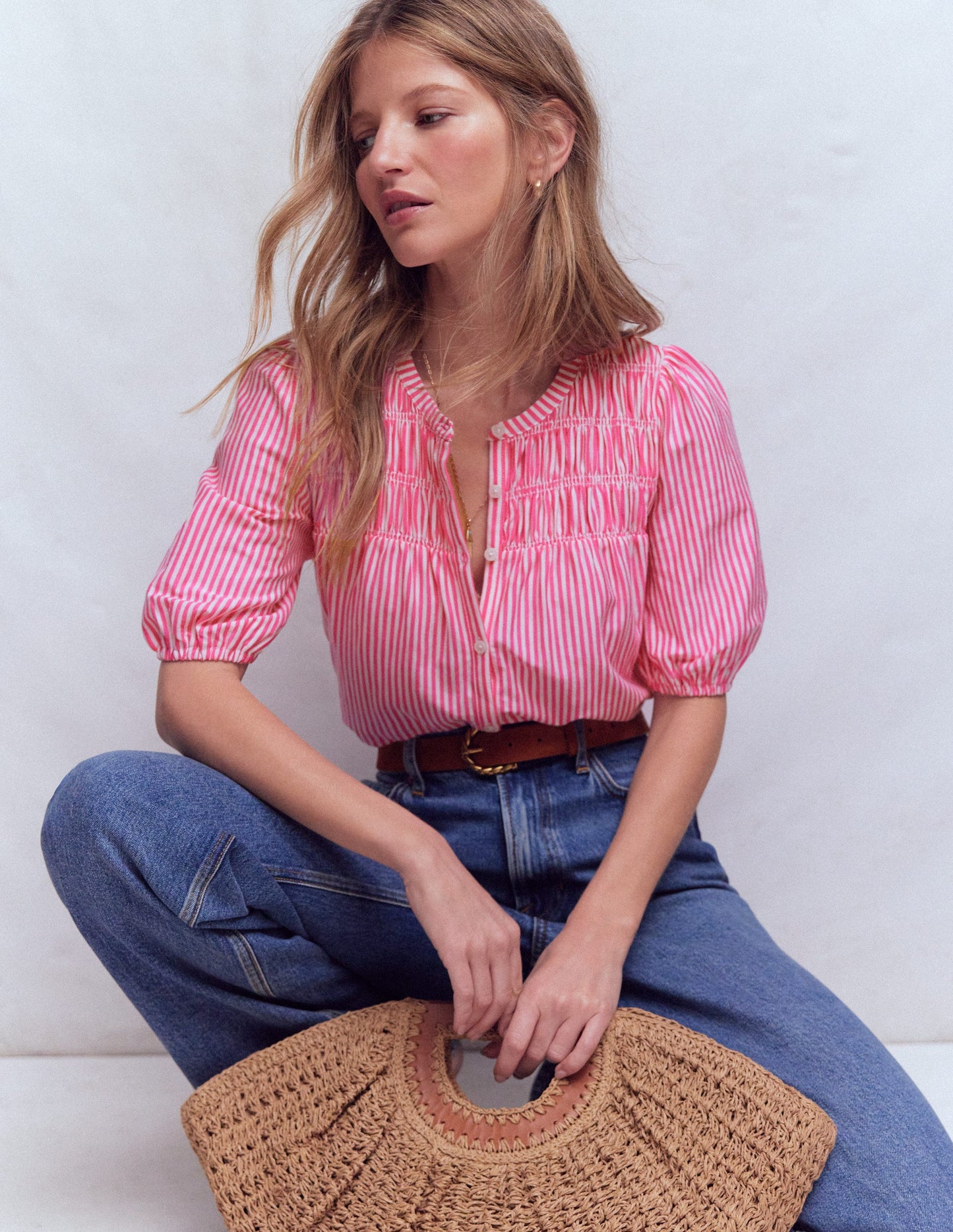 Mya Short Sleeve Smocked Shirt-Pink Punch and Ivory Stripe