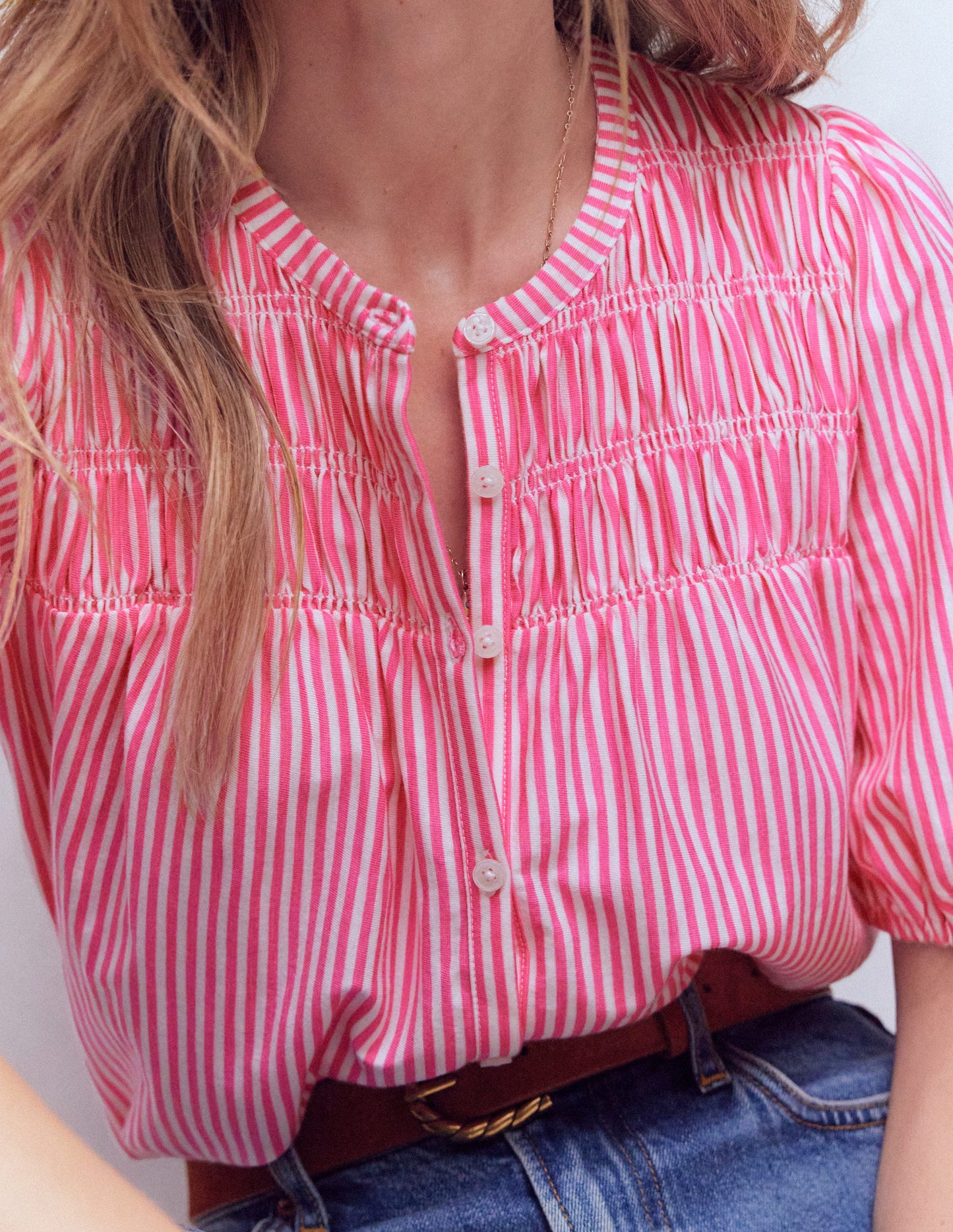 Mya Short Sleeve Smocked Shirt-Pink Punch and Ivory Stripe