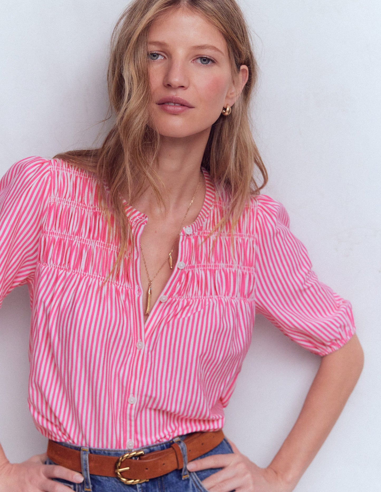 Mya Short Sleeve Smocked Shirt-Pink Punch and Ivory Stripe