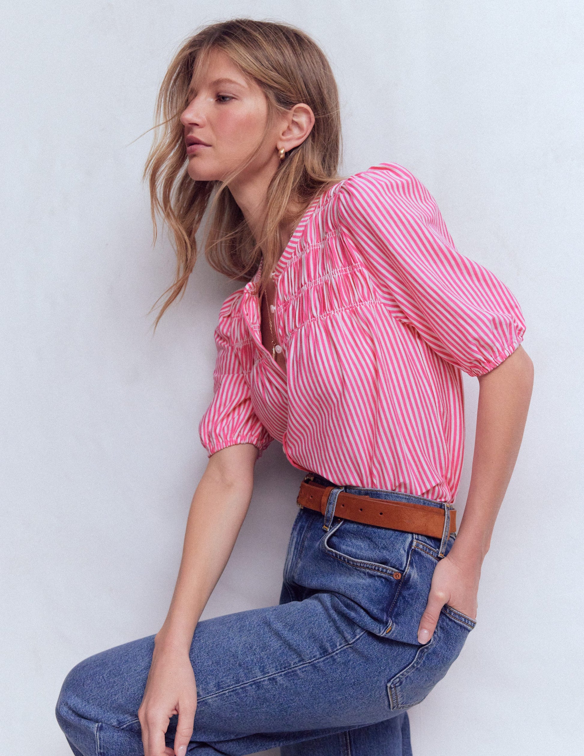 Mya Short Sleeve Smocked Shirt-Pink Punch and Ivory Stripe-4