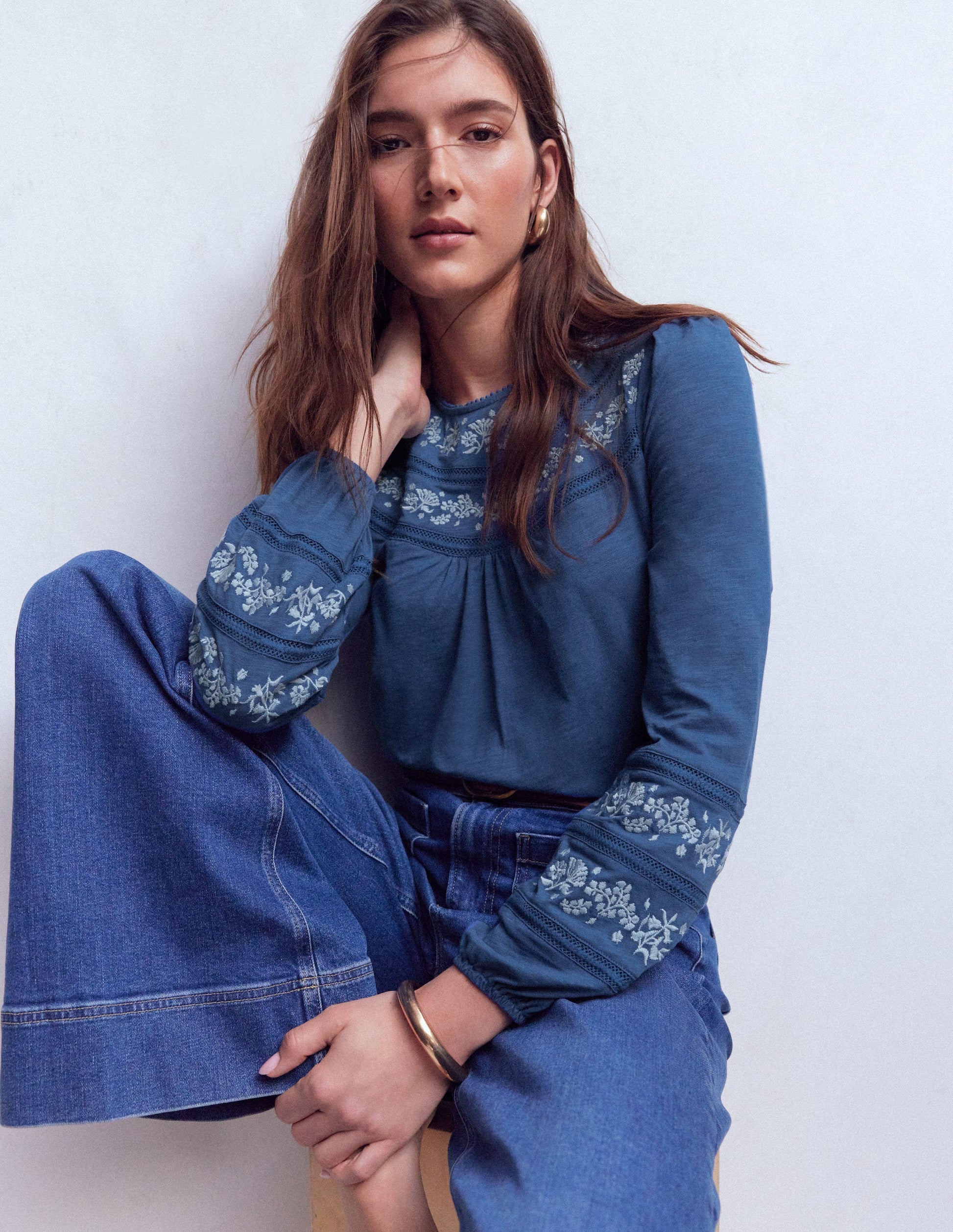 Rosie Embroidered Jersey Top-Denim Blue-1