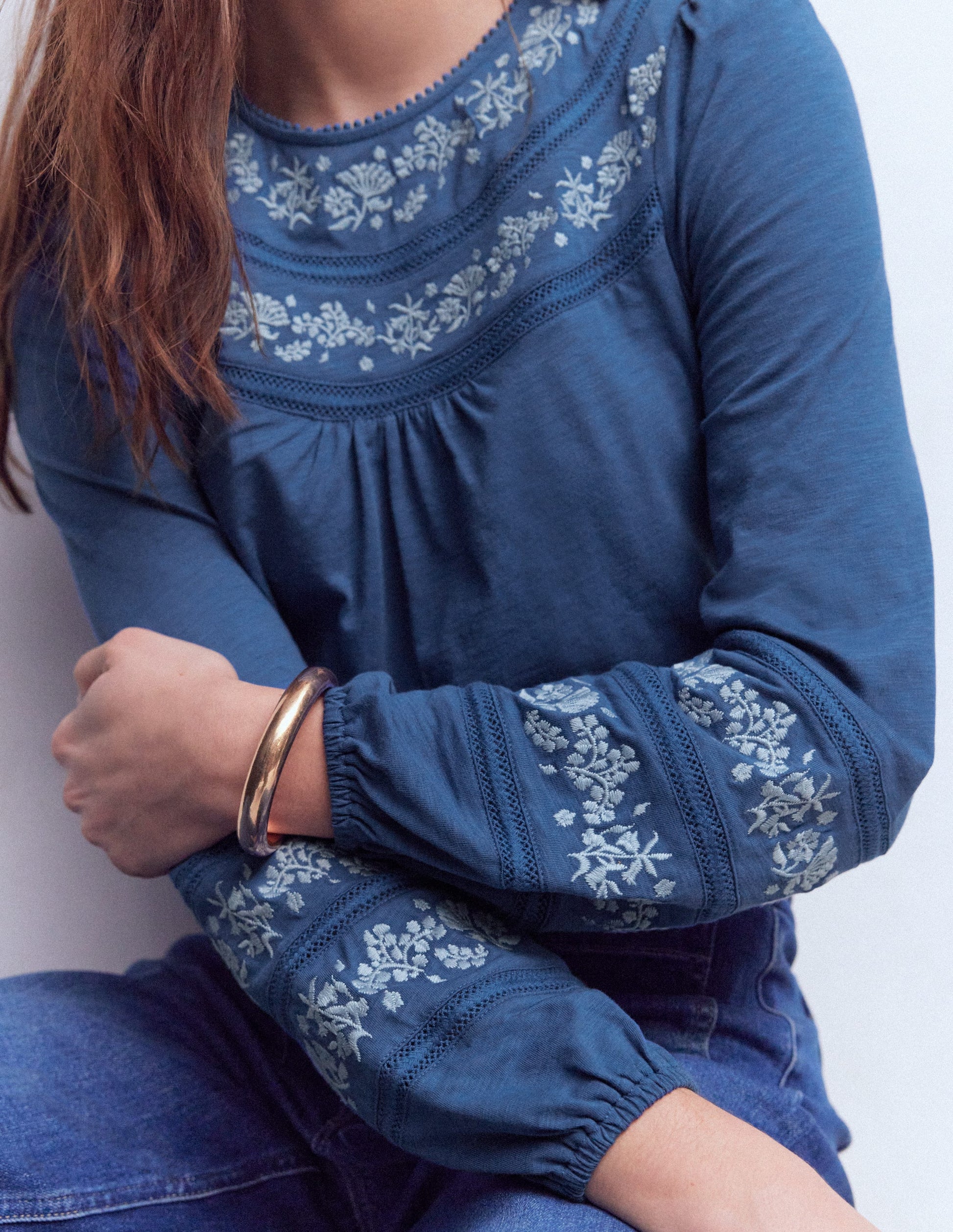Rosie Embroidered Jersey Top-Denim Blue-2