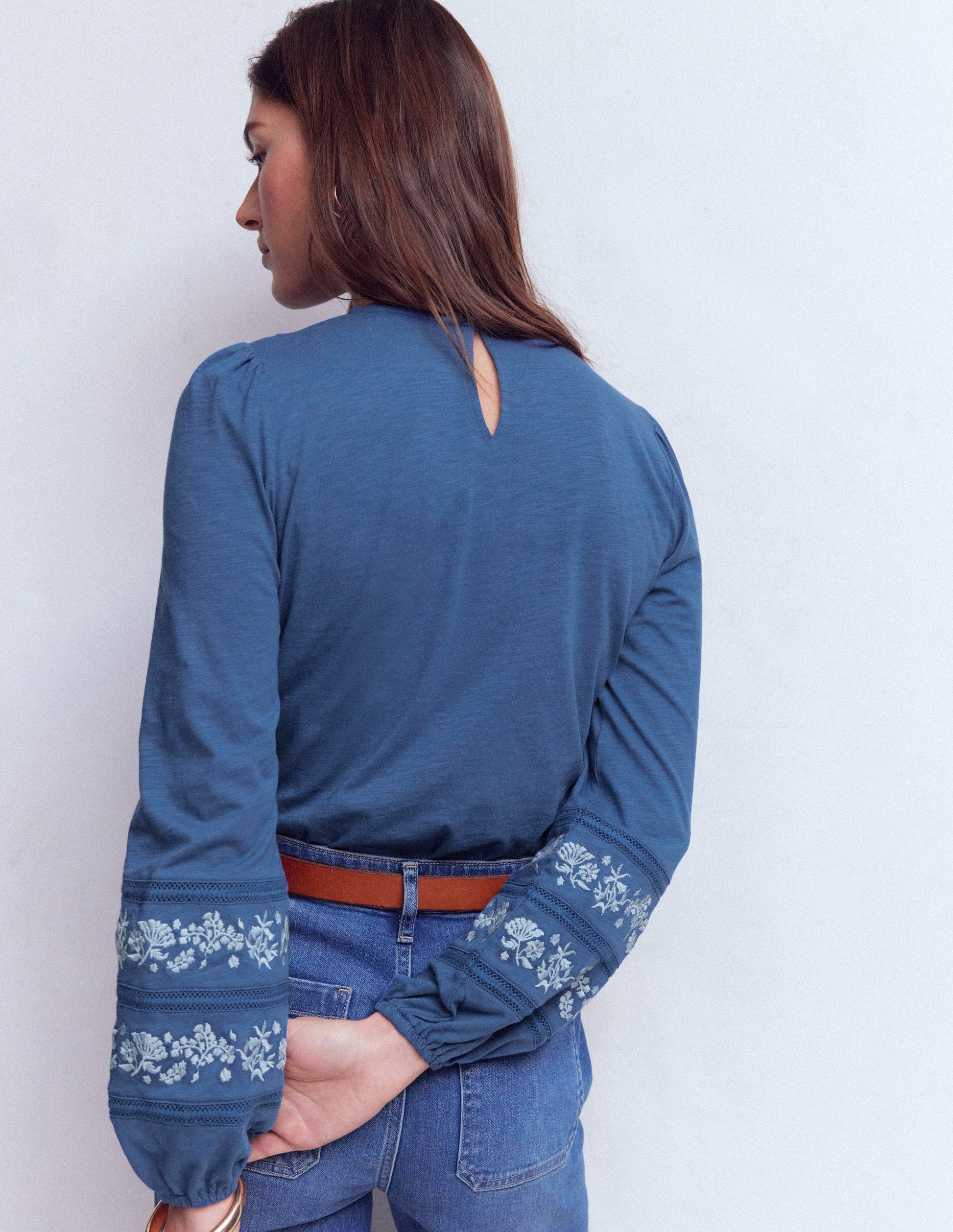 Rosie Embroidered Jersey Top-Denim Blue-3