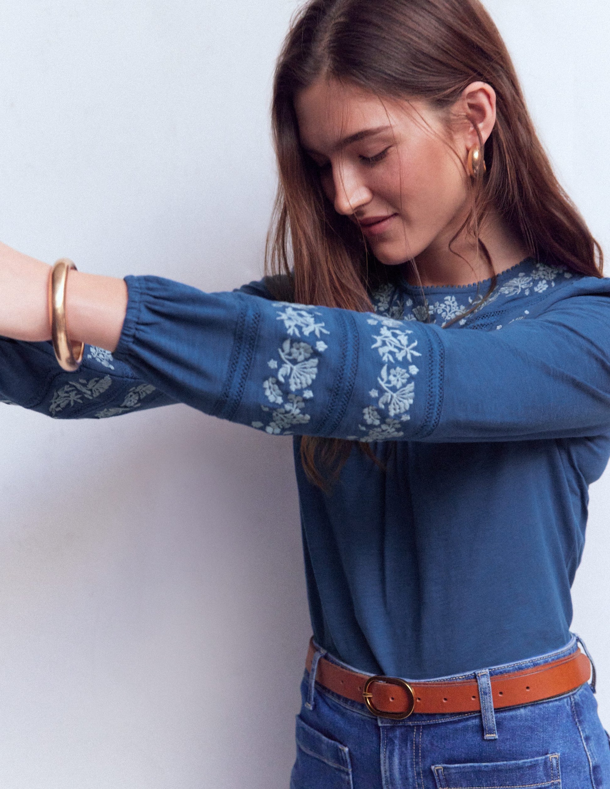 Rosie Embroidered Jersey Top-Denim Blue-5