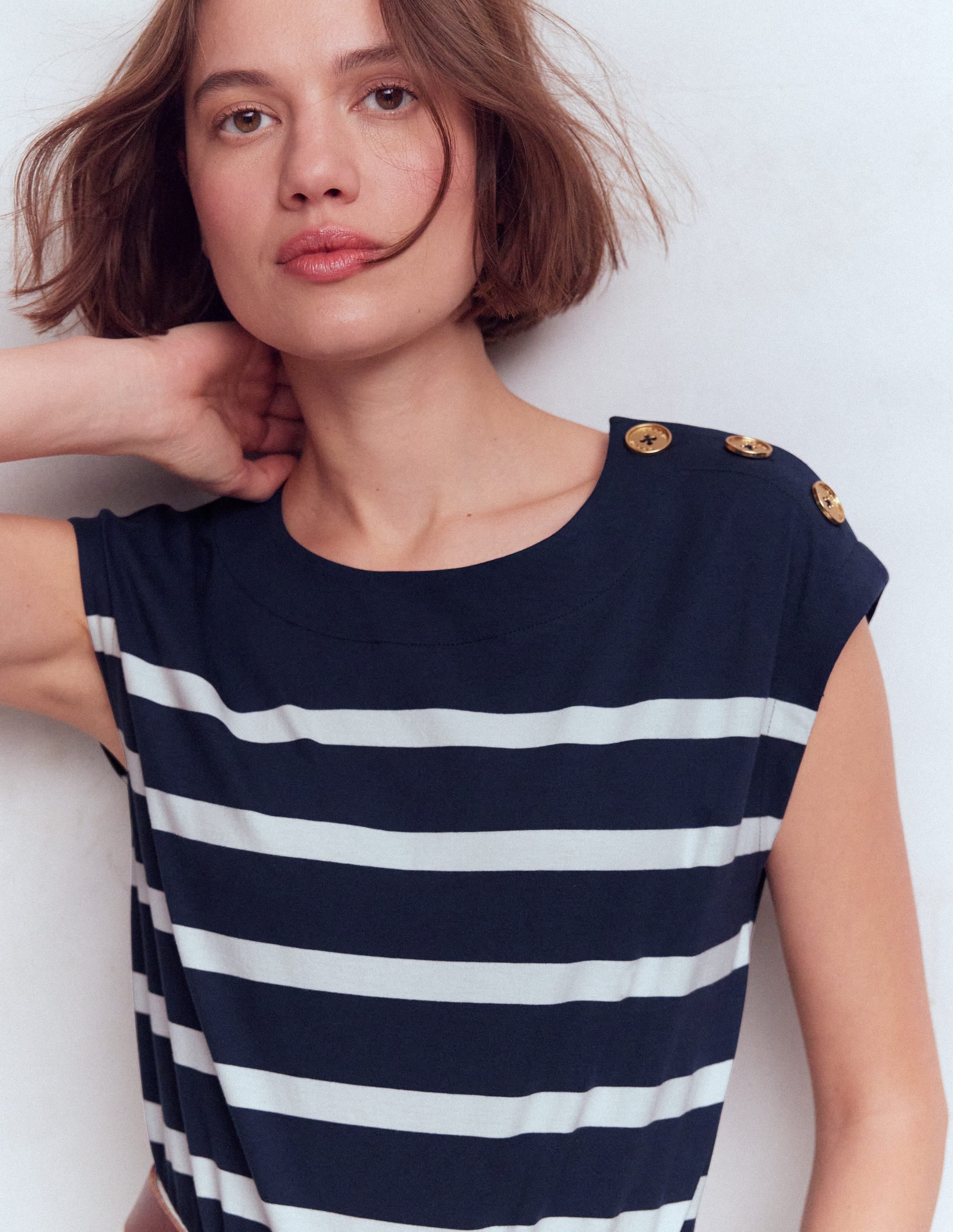 Button Detail T-Shirt-Navy and Ivory Stripe - Image 2
