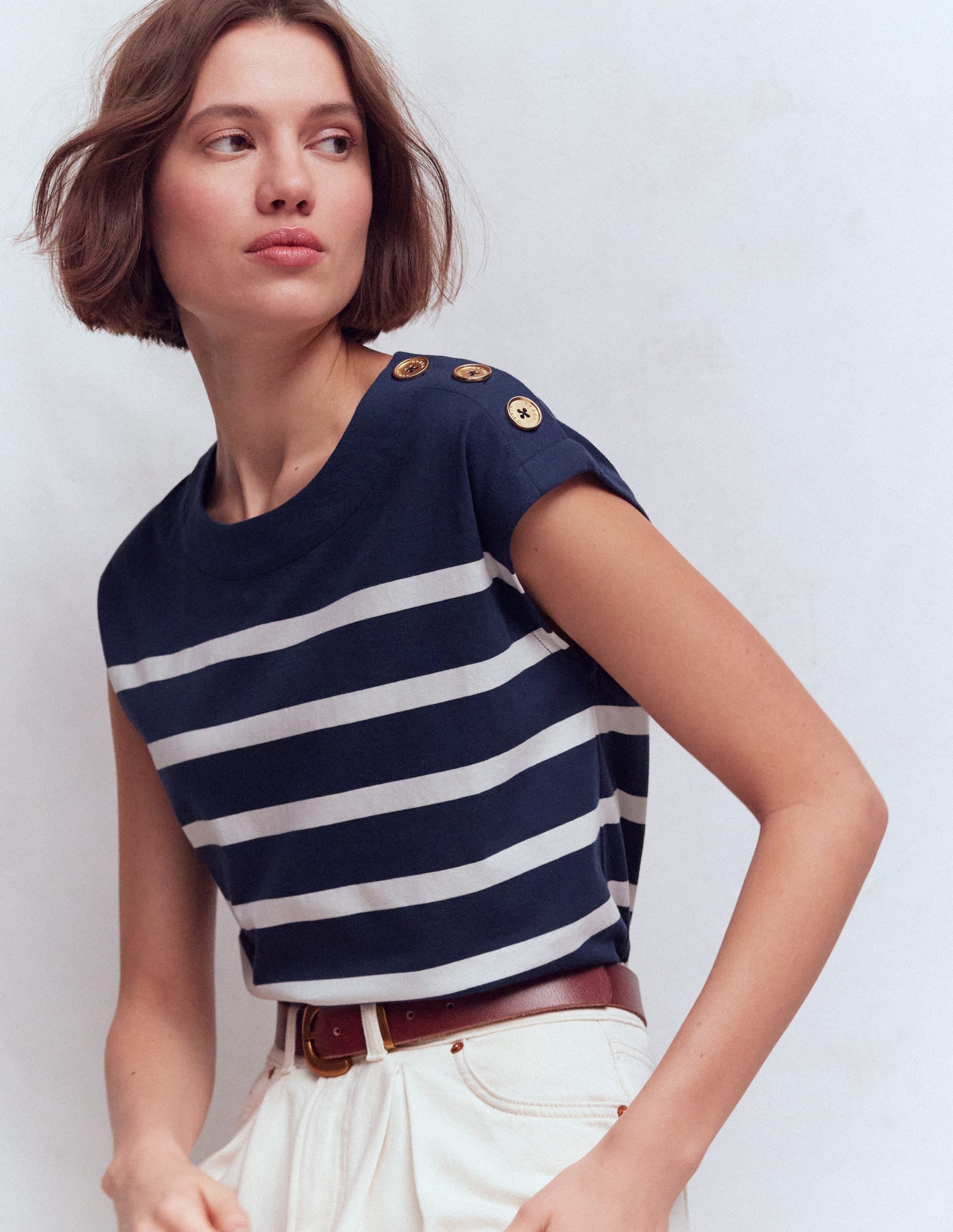 Button Detail T-Shirt-Navy and Ivory Stripe - Image 4