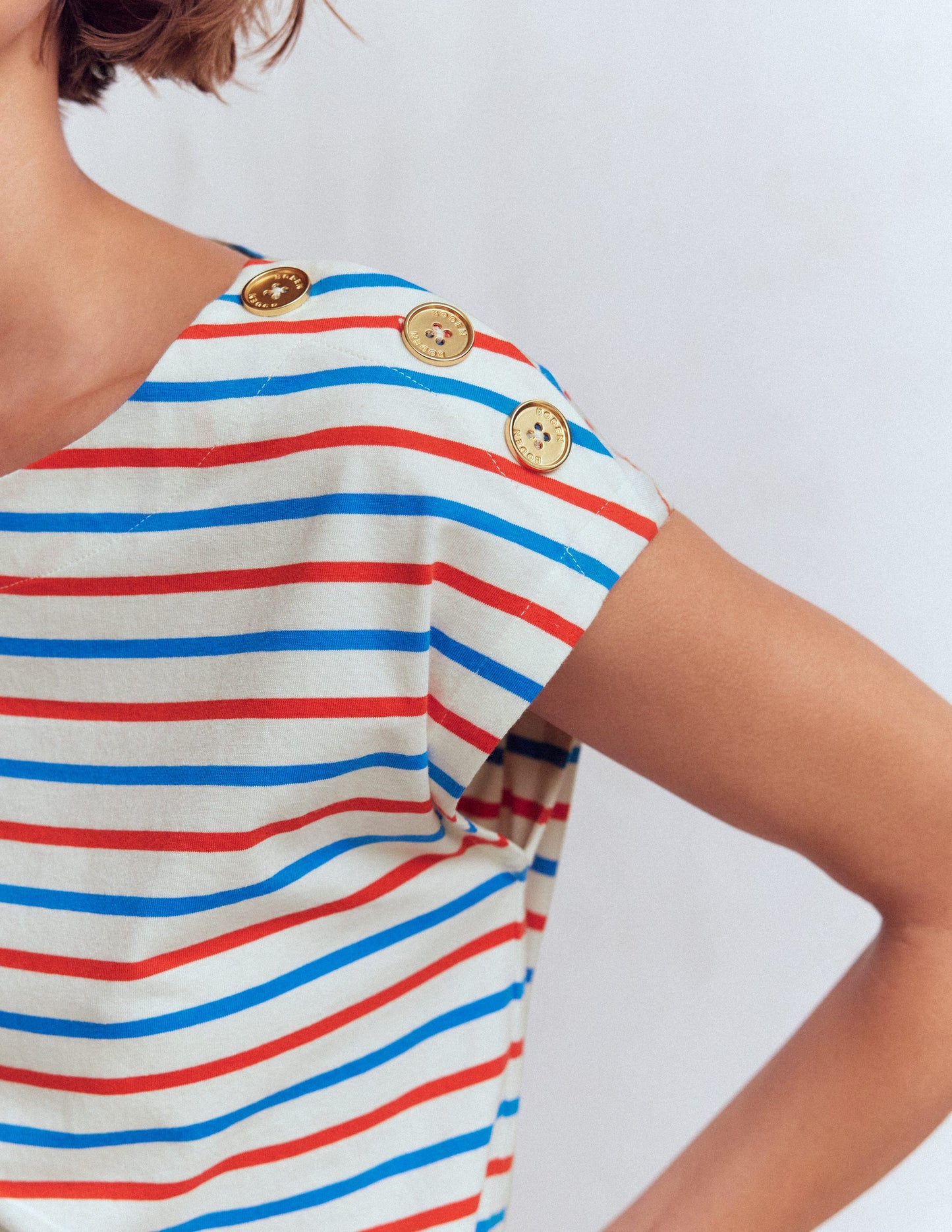 Button Detail T-Shirt-Fire Cracker, King Fisher Blue