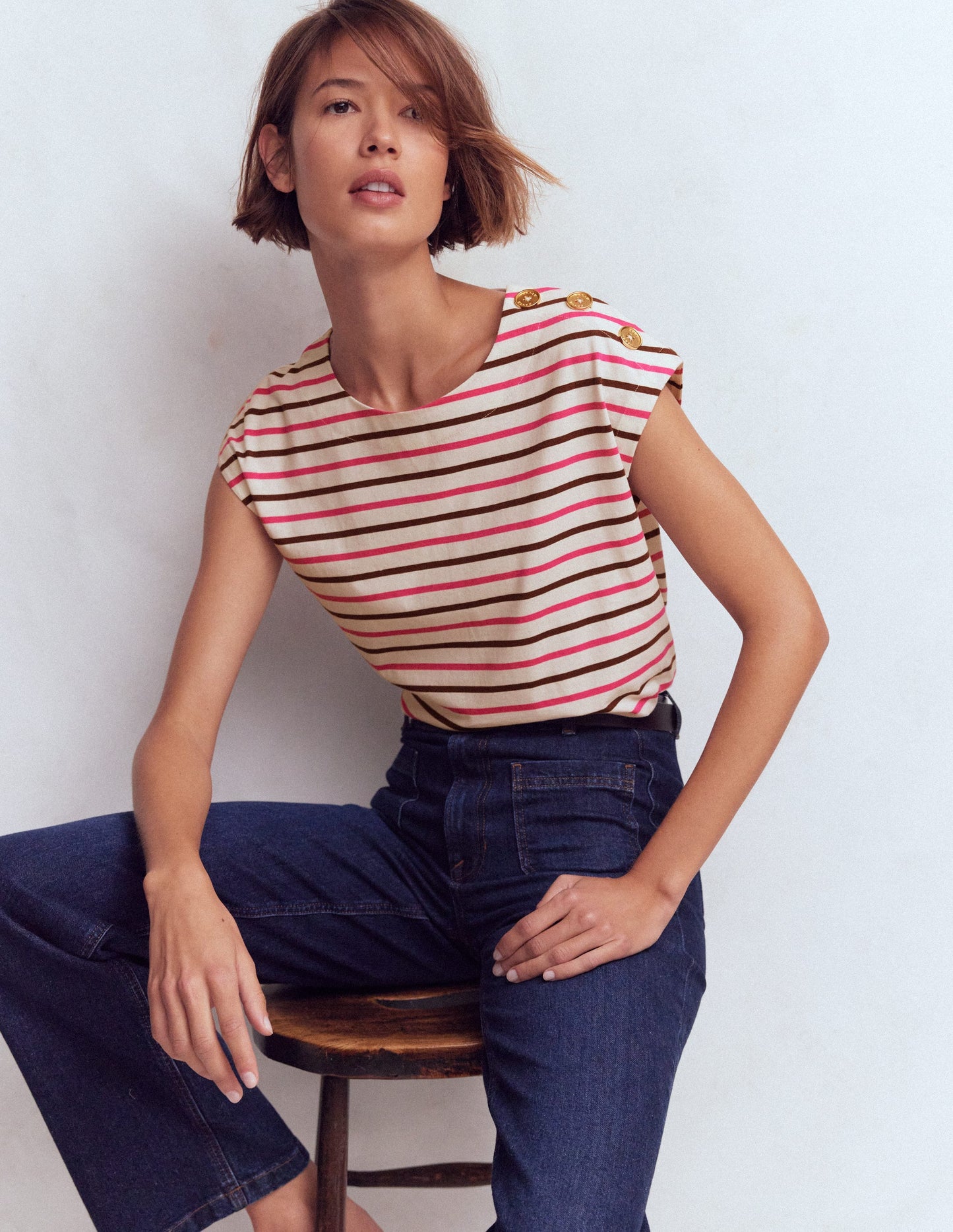 Button Detail T-Shirt-Pink Peony, Raw Umber Stripe
