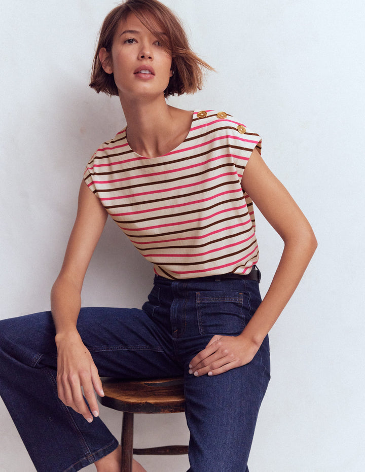 Button Detail T-Shirt-Pink Peony, Raw Umber Stripe