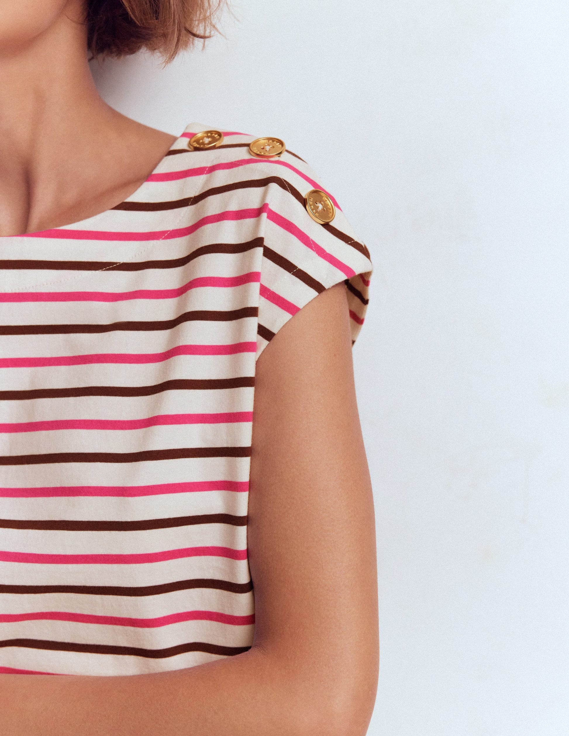 Button Detail T-Shirt-Pink Peony, Raw Umber Stripe-2